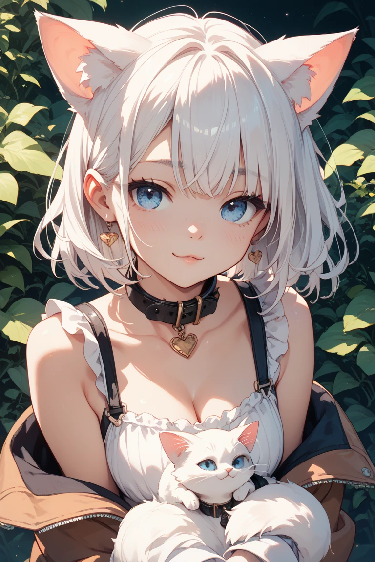 A cute girl with cat smile, short white hair, pale skin, shy expression, adorable, (best quality,4k,8k,highres,masterpiece:1.2),ultra-detailed,(realistic,photorealistic,photo-realistic:1.37),HDR,studio lighting,extreme detail description,professional,vivid colors,bokeh,digital painting,elegant,soft lighting,sweet,kawaii,cute