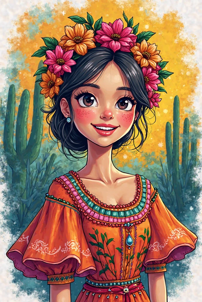 hyper realistic, photorealistic, cinematic, ultra highly detailed, tiny details, complex background, fantasy art, ray tracing, octane rendering, absurdres, vibrant colors, vivid colors, strong colors, nsfw, dark tales, lushy flora and fauna, forest, moon and stars, in the fields under a starry sky, sky and background like it was illustrated by Van Gogh, (storybook detailed illustration), Dan Mumford, Andy Kehoe, patchwork, stained glass, fairytale, mystical, luminous, adorable appearance of a cute mexican girl with Skull makeup, Mexican Día de Muertos, whole body illustration, extremely detailed face, (freckles, snub nose, red cheeks, prominent cheekbones), (happy, cheeky look, smiling), tattooed girl