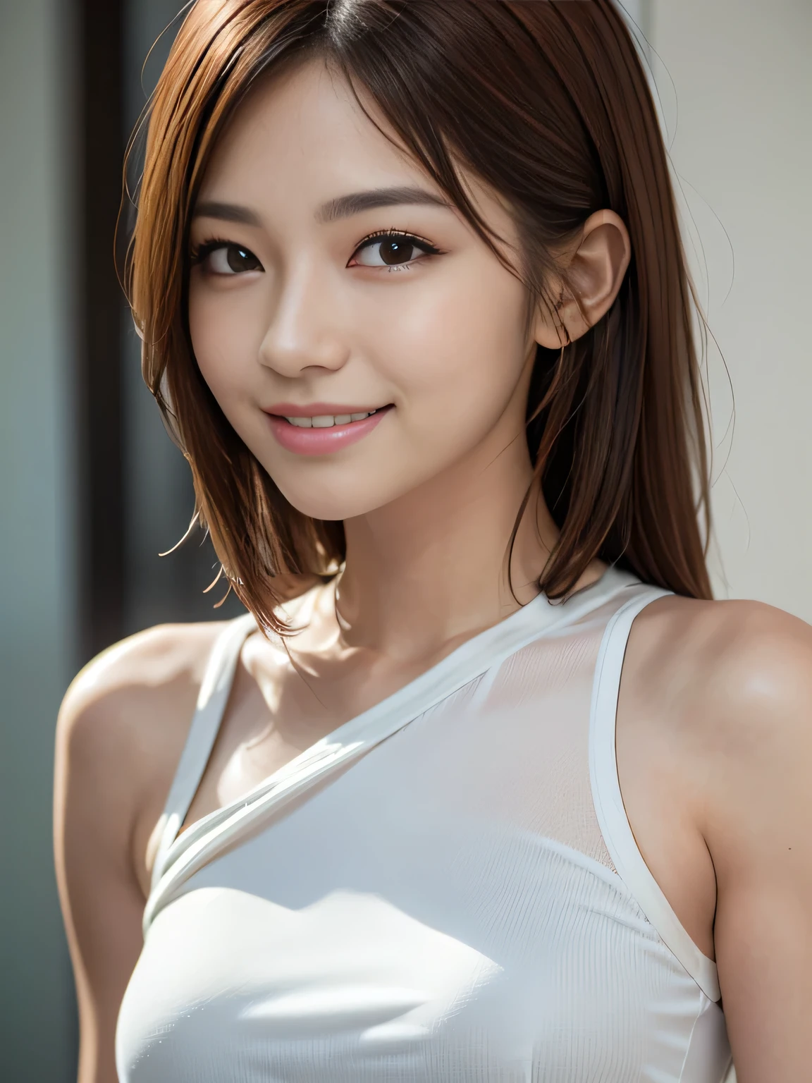 Content: Solo Idol, Eri Kamei from Morning Musume, Dressed as a karate player with a black belt traditional karate gi. She's in the middle of a tough training session, Perform powerful karate moves. Beauty stands out with a cute expression, Cleavage tips, and a dazzling smile showing off her white teeth.
Medium: Photography.
Style: Ultra-realistic, Reminiscent of high-end fashion chutes.
Lighting: natural, Soft lighting from the sides to emphasize the contours of her face and body.
Colors: Rich and vibrant, Emphasize the contrast between her karate castle and dojo floor.
Composition: captured with a Canon EOS 5D Mark IV DSLR camera, EF 50mm f/1.8 STM lens, Resolution 30.4 megapixels, ISO sensit: 32,000, Shutter Speed 1/800 sec.
--ar 16:9 - V5.1 --Style raw --Q 2 --S 750