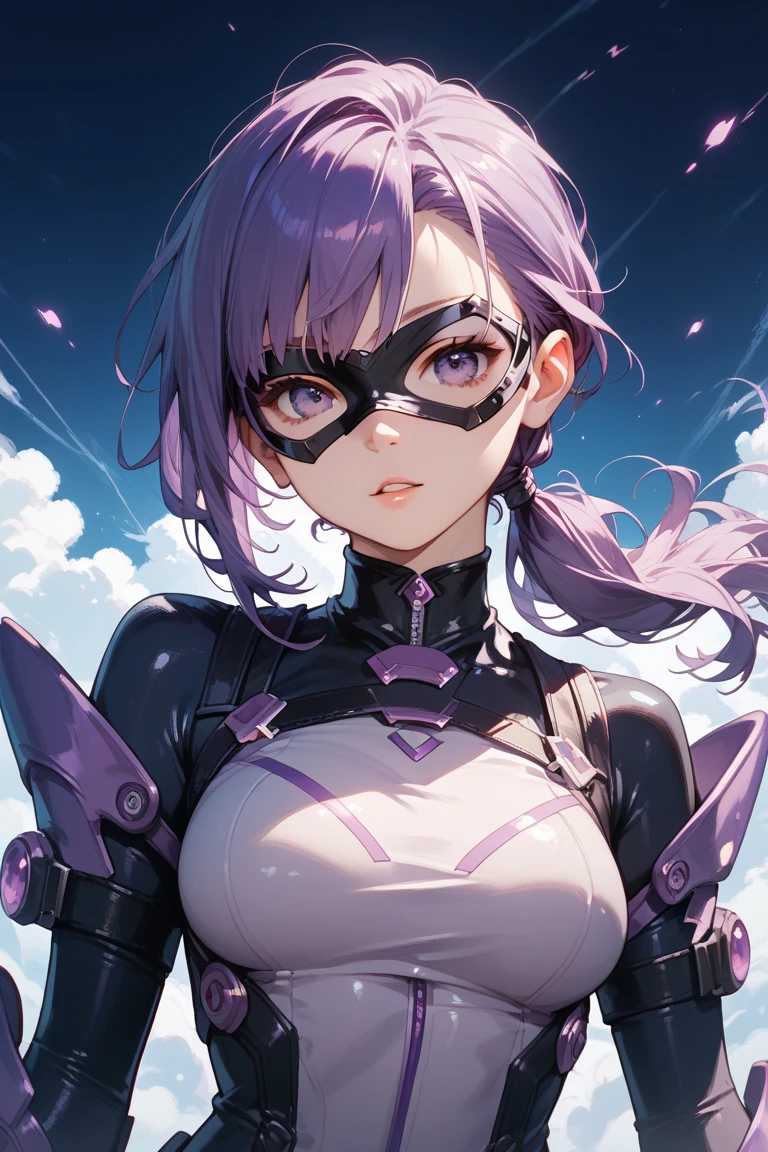 make realistic，（nmasterpiece，top Quority，最佳质量，offcial art，Beauty and aesthetics：1.2），Heavily detailed，s fractal art，Colorful，Most detailed，zentangle，（Abstract background：1.5）（1girls），Kamimei，eye glass，purple color  hair，（length hair），（Glowing blue eyes），largebreasts，Abs，mistic，(enchanted)，crystal，high leotard，sexly，machine armor，Huge weapons