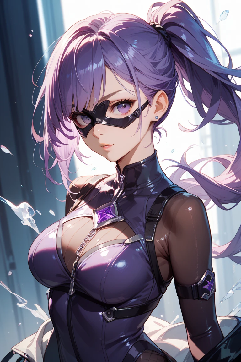 anime girl in a purple and black suit with a purple mask, oppai cyberpunk, laserpunk fullbodysuit, cyber suit, perfect anime cyborg woman, cute cyborg girl, android heroine, girl in mecha cyber armor, female cyberpunk anime girl, biomechanical oppai, clothed in cyber armour, gynoid cyborg body, perfect android girl