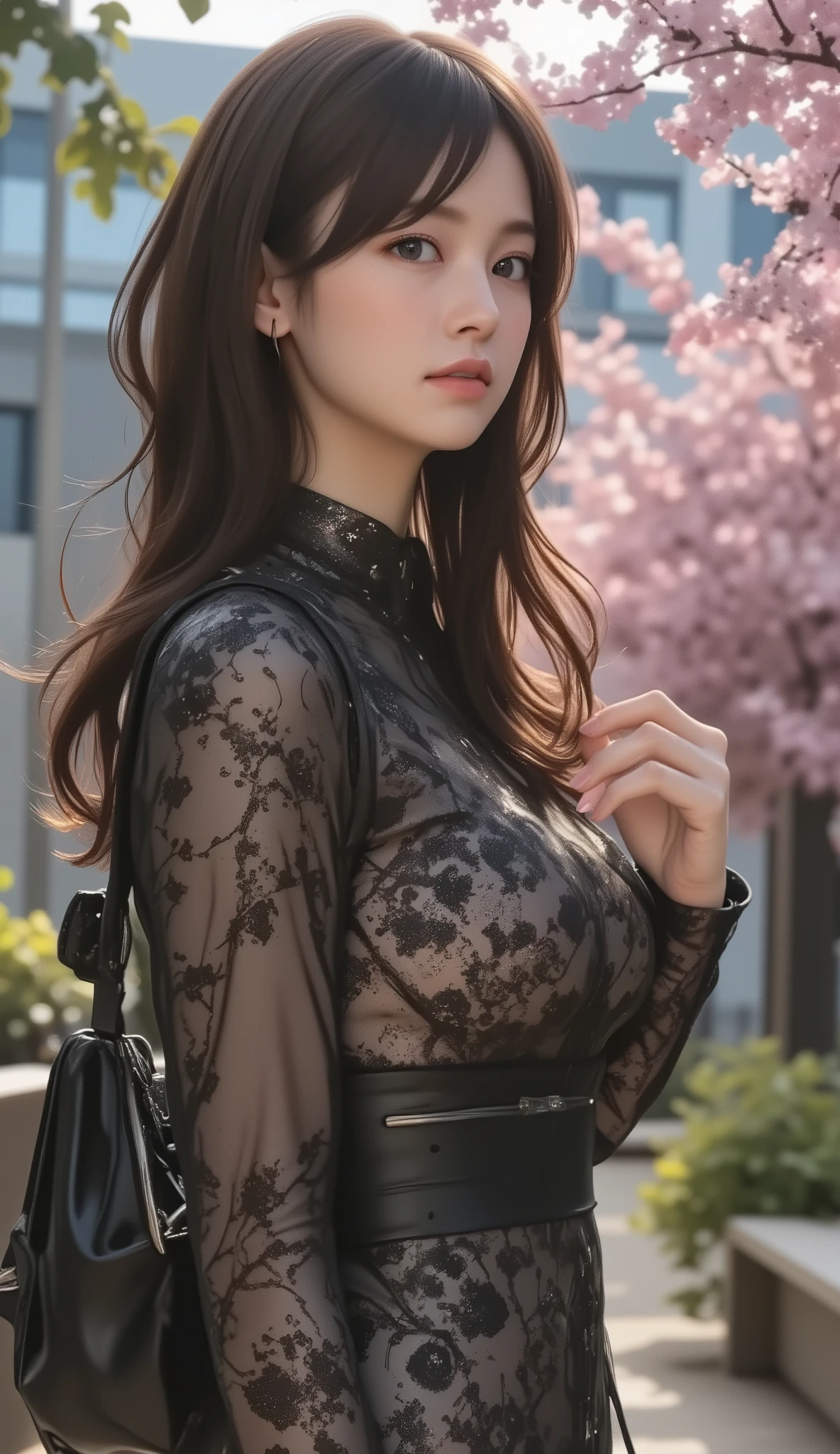 &Quotes;((Best Quality)), ((masterpiece)), Highest quality), (((masterpiece)))、((Highest quality))、(very detailed)、(CG illustration)、(so beautiful ))、 Cinematic Light 、(((mid night, moon night:1.9))), sakura, Cherry blossom trees, ((( 1 mechanical girl under 桜並木)))、 SF、Apocalypse、Erotic and grotesque、graduate School(Beautiful and luxurious:1.2)、(1 girl:1.3)、face the front, Full Body Shot , ((big breasts:1.2), (Big Breasts:1.2), (raised and crisp bust:1.2), (lifts the chest:1.2), (Perky breasts :1.2), (Deep cleavage :1.4), ( double breasted,Underbust:1.2), button gap with,((( CORSET BELTS ))),(((high waist skirt,))), Carrying two long swords on his back