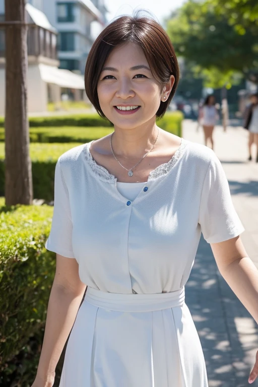 Standing in the park, Wrinkles around the eyes, Smiling with teeth showing, Plain short-sleeved clothing, senior citizen, Draw lips correctly, Red lipstick, No discomfort, 16K, Highest quality, Very detailed, Realistic, Very detailed肌, (Japanese), (alone), 60 years old, Large Breasts, , Glamour, sexy, Chromo White Skin, Staring straight ahead,
