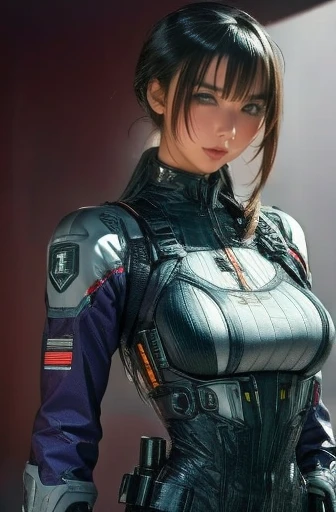(nsfw:1.2）、Very beautiful woman、Slender women、(Detailed face)、Realistic Skin、((Delicate photo))，(Girl Masterpiece RAW Photo Details:1.25), (Highest quality:1.6), (Ultra-high resolution:1.5), (Realistic:1.75), 8K resolution, Canon EOS R5, 50mm, Absurd, Ultra-detailed,Cinema Lighting、One girl, 白hair,((hime_cut))、Smile、((Ultra Tie Navy Jacket Coat)), Chest Rig, cyber punk, ((Techwear)),I can see your abs、Bra Top、((((Big Breasts))))、((The abdomen is visible))、(((Ultra-delicate and futuristic design)))、Biting into the crotch、((logo))、((Text on clothing))