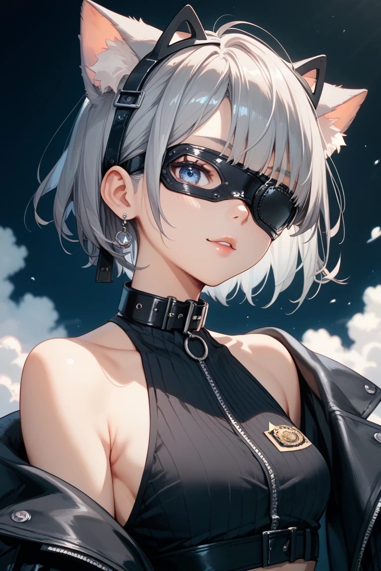 (best quality:1.1), (masterpiece:1.2), (solo), (Close Up), (upper body), (dark skin), (black skin), (green eyes), looking at viewer, young, ((cat ears)), white short hair, (((lolis))), (flat chest), short height, ((open oversized black jacket)), ((black bikini)), ((pet collar)), angry expression, in the middle of the city, (midnight), dark background,
