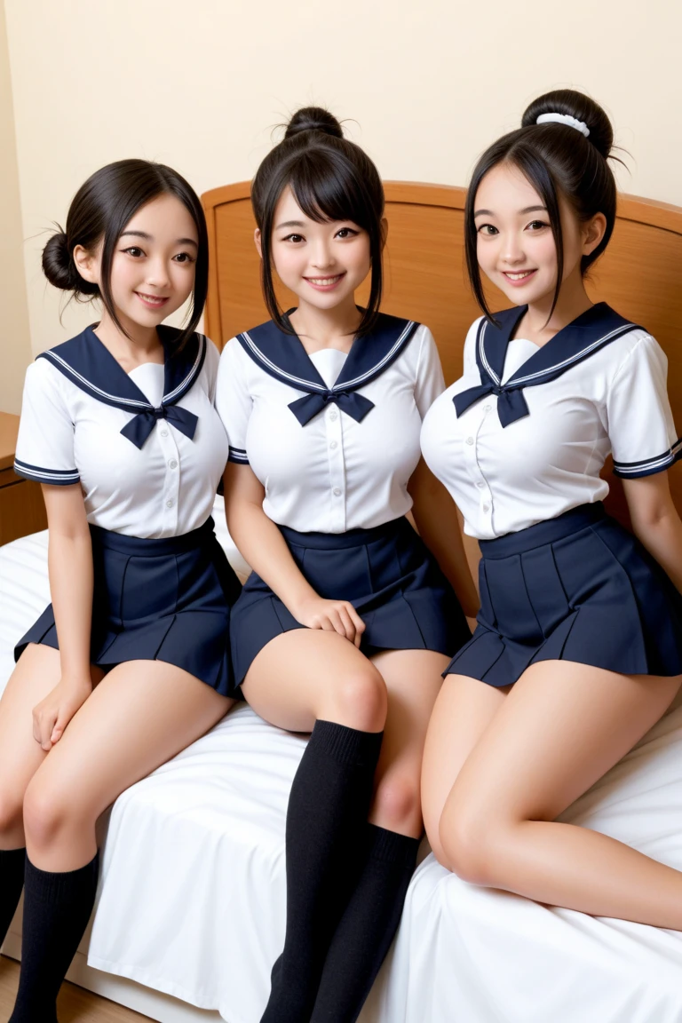 Three very young girls in bed,Mr..々sailor suit,18-year-old,bangs,a little smile,thighs,knees,each with a different hairstyle,from below,front light、spread your legs、Nipples are fully visible、erotic smile、Soaking wet whole body、water droplets、have sex、live action、photograph、Mr..々Counterpoint、Black pubic hair is visible from under the white sailor leotard、Nasty uniform、Licking the middle girl with your tongue、The two on either side lick the middle cheek、open your mouth wide and stick out your tongue