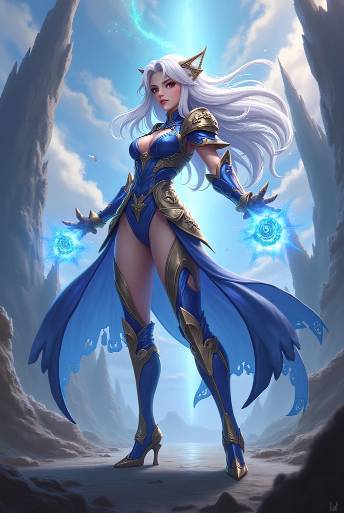 Young woman with white hair, blue armor, water elemental powers, striking blue eyes, skirt short, upper armor, bracelets, with a pet made of water with a ring around it, to keep it alive, anime and manga style