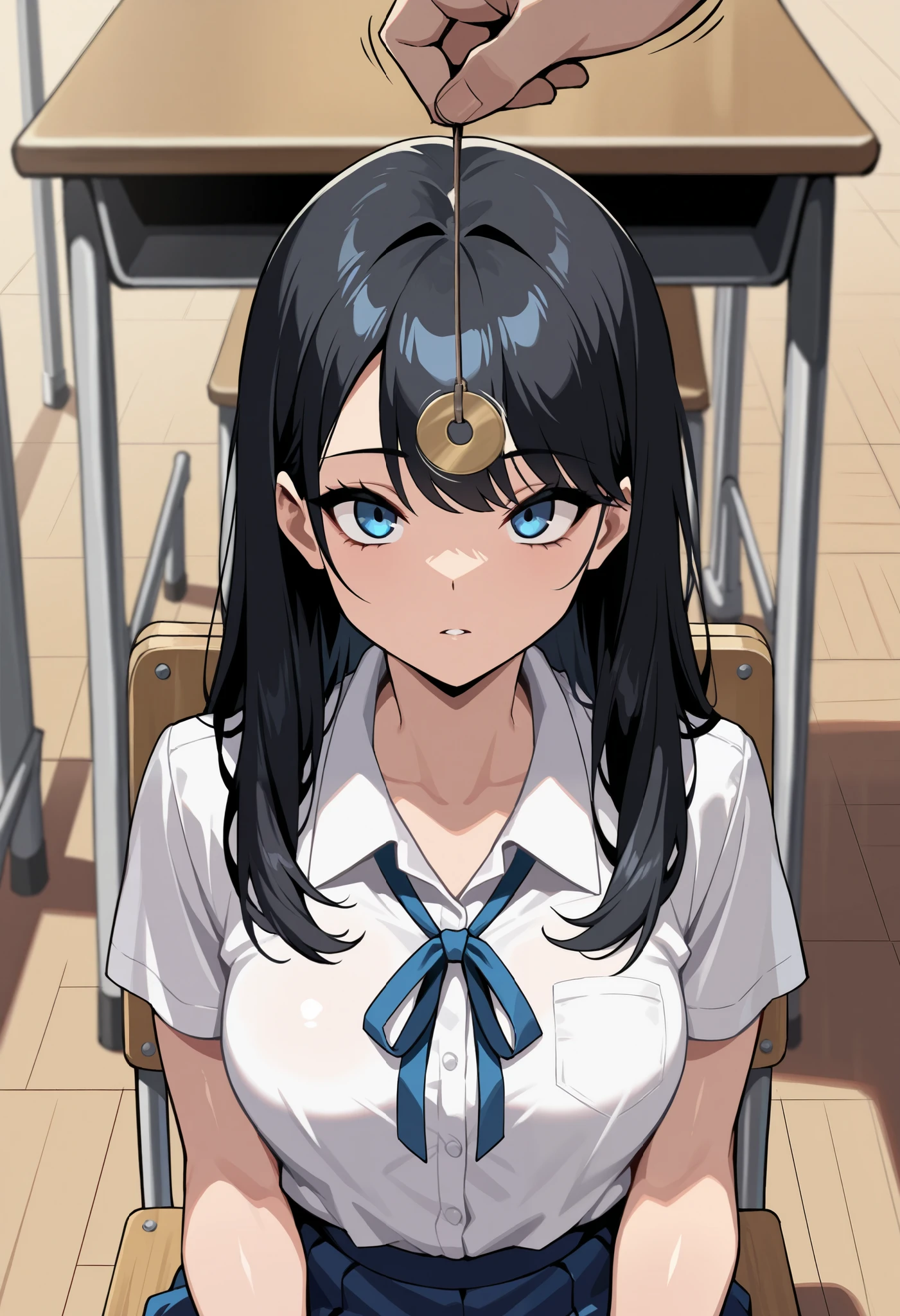 (masterpiece, ultra high definition, 16k, RAW photo, intricate), sharp focus, crisp details, 1girl , black hair, long hair, (Neat hair), shiny hair, blue eyes, medium breasts, school uniform, white shirt, blue neck ribbon, blue skirt, ( Classroom at a School with No One), school chair, sitting chair, Pendulum before her face, Swinging pendulum, Another person's hand holds a pendulum, motion line, motion Effect, ( the girl sees the viewer :1), facing viewer, straight-on, (upper body), blur the background, simple background