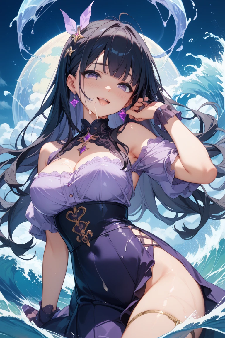 (Best quality, 8K, Masterpiece:1.3, 1 girl, solo, Beautiful girl), cute, Dynamism, Detailed face, Detailed skin, detailed clothes, Detailed eyes, Detailed lips, Detailed tongue, Detailed fingers, Detailed mouth, Photorealistic, Raw photo, highres, hight resolution, Natural lighting, dynamic pose, perfect anatomy, toned legs, double eyelids, tear bags, round eyes, moist lips, sweaty, ecstatic face, ((indigo liquid over the body:1.5)), Colorful hair, Colorful body, Colorful paint background, Smile, watercolor, absurdity, open legs, gradient liquid, silver liquid, golden liquid, blue liquid, red liquid, yellow liquid, purple liquid, green liquid, orange liquid, pink liquid, body-painting art, sfw, half closed eyes, (breasts curtain), hair bun, blush, floating, hair buns, gorgeous collar, earrings, jewelry, smile, large breasts