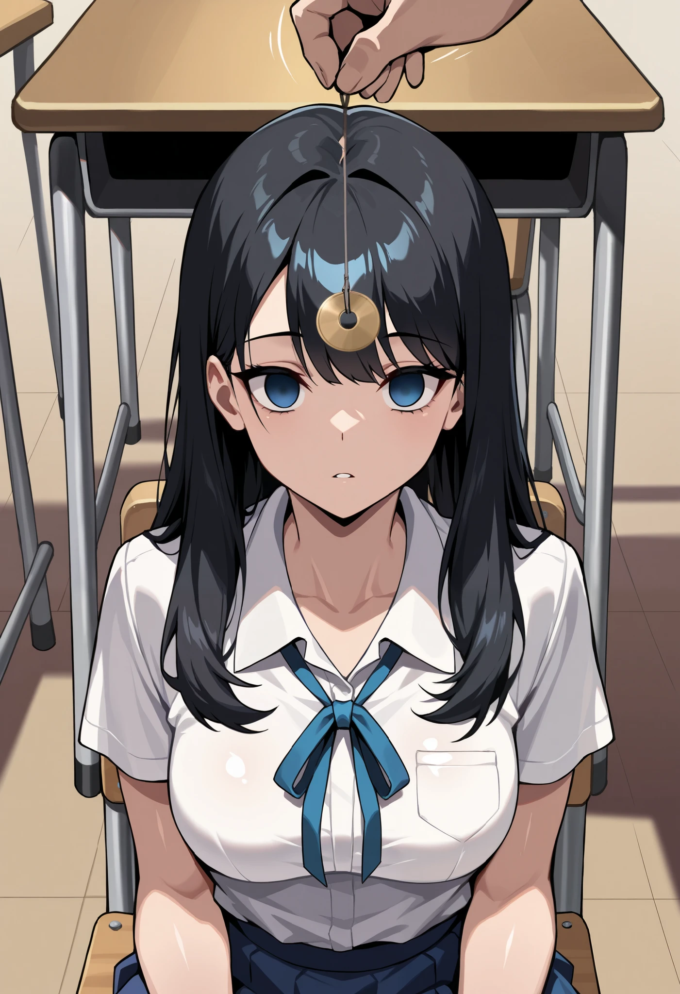 (masterpiece, ultra high definition, 16k, RAW photo, intricate), sharp focus, crisp details, 1girl , black hair, long hair, (Neat hair), shiny hair, blue eyes, medium breasts, school uniform, white shirt, blue neck ribbon, blue skirt, ( Classroom at a School with No One), school chair, sitting chair, Pendulum before her face, Swinging pendulum, Another person's hand holds a pendulum, motion line, motion Effect, ( the girl sees the viewer :1), empty eyes, facing viewer, straight-on, (upper body), blur the background, simple background