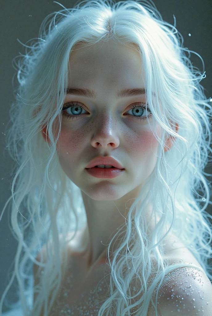 very beautiful woman, perfect face, long white hair, small sharp face, perfect big blue eyes, thin arched eyebrows, very thick and long eyelashes, close up face, freckles, small nose, black winged eyeliner, front view, looking at viewer, super white skin, russian soft small features, in the snow