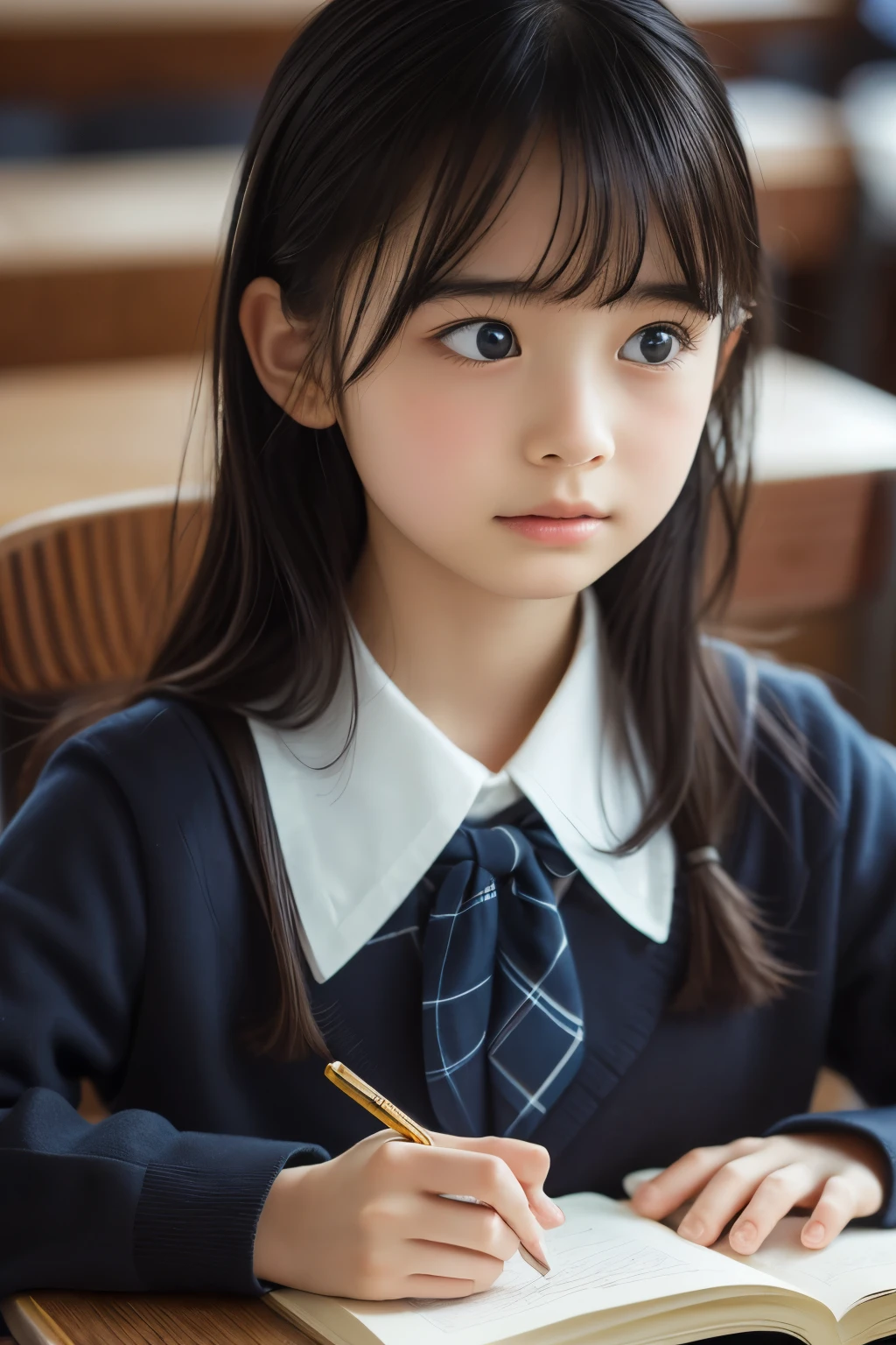 Imagine a charming illustration in the style of Loundraw, Depicts a beautiful schoolgirl. She is wearing a classic school uniform, With a fitted skirt and a perfectly lined shirt. Her long black hair, With soft bangs, Falling gracefully over her shoulders. The girl is depicted in a school setting, A calm and serene environment, Illuminated with soft, neutral light. Scenery details, School desks and chairs etc, Blackboard and books, Carefully expressed to create an authentic atmosphere. The girl's facial expression is calm and focused, Reveals her determination in her studies. The illustration conveys a sense of serenity and concentration, Capturing the subtle beauty of a school routine in a delicate and emotive artistic composition.
