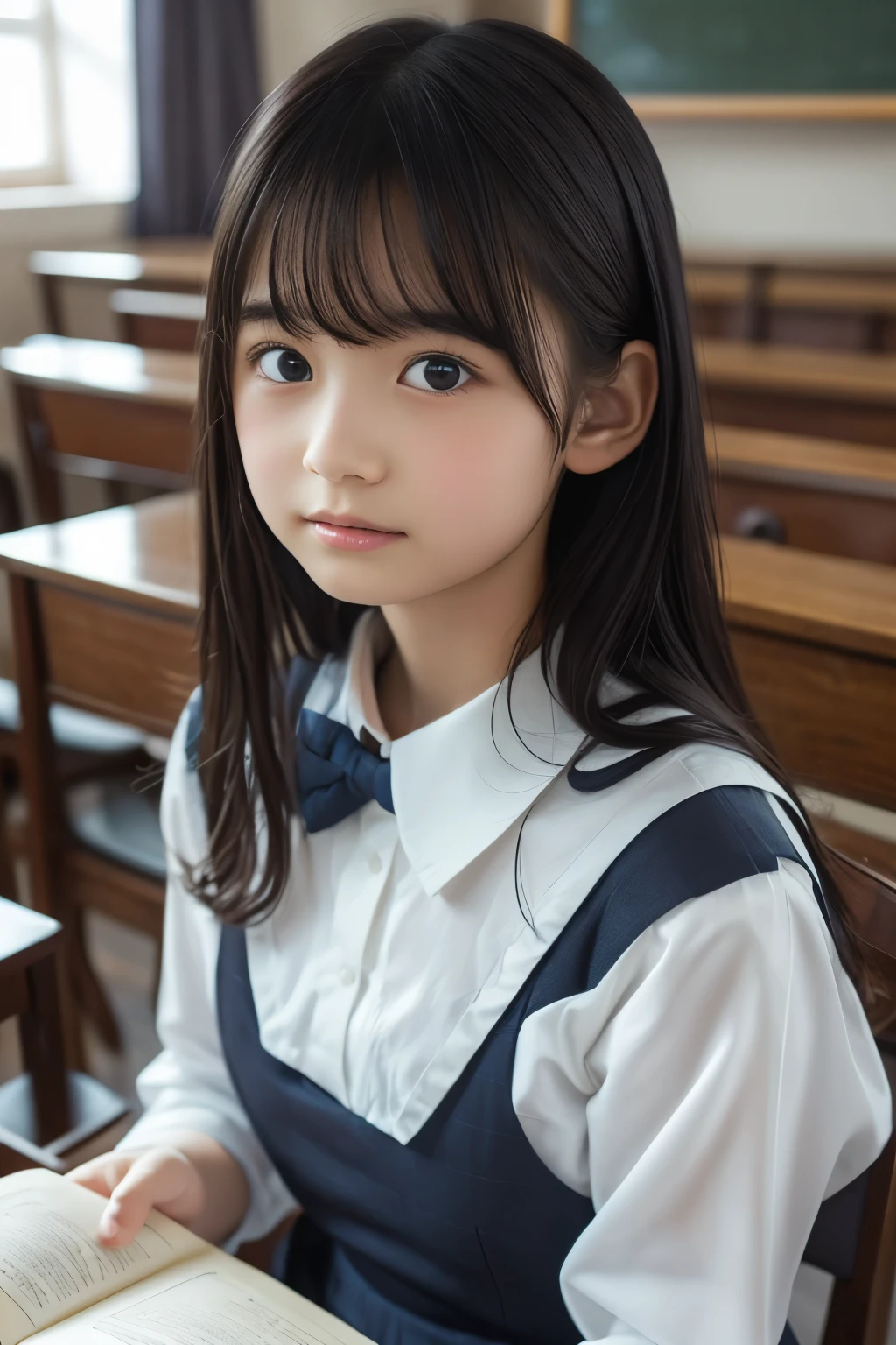 Imagine a charming illustration in the style of Loundraw, Depicts a beautiful schoolgirl. She is wearing a classic school uniform, With a fitted skirt and a perfectly lined shirt. Her long black hair, With soft bangs, Falling gracefully over her shoulders. The girl is depicted in a school setting, A calm and serene environment, Illuminated with soft, neutral light. Scenery details, School desks and chairs etc, Blackboard and books, Carefully expressed to create an authentic atmosphere. The girl's facial expression is calm and focused, Reveals her determination in her studies. The illustration conveys a sense of serenity and concentration, Capturing the subtle beauty of a school routine in a delicate and emotive artistic composition.