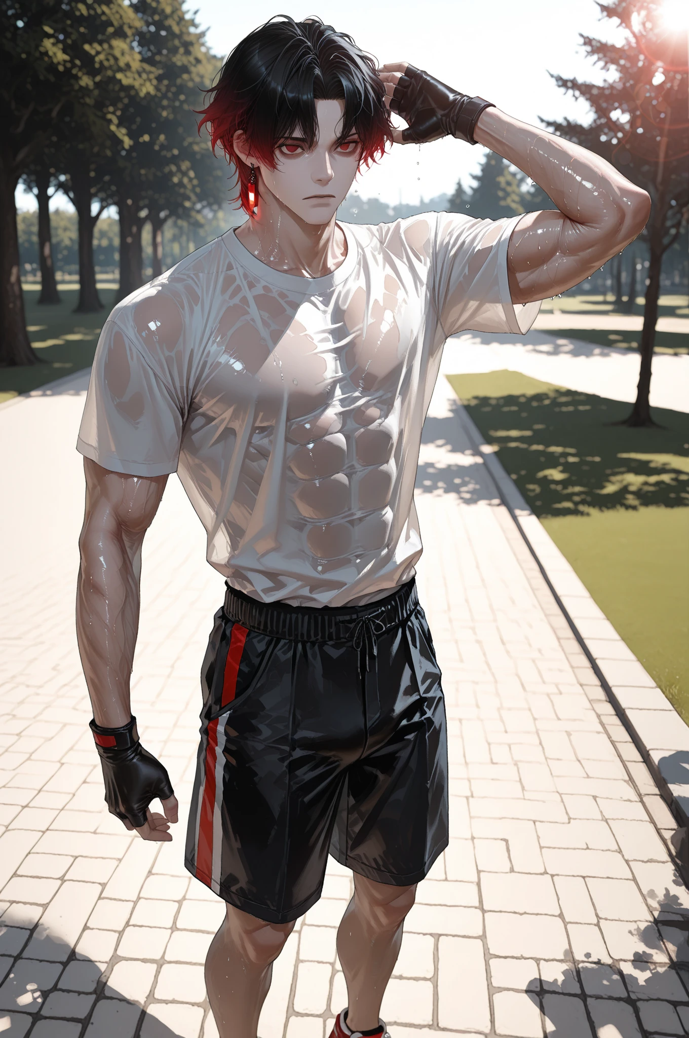 1boy,red background,absurdres,masterpiece,highres,intricately detailed,a gay man,sexy,muscular,strutting outdoors,gorgeous eyes,detailed face,pouring rain,outdoors,global illumination,subsurface scattering, Rear bottom view 
