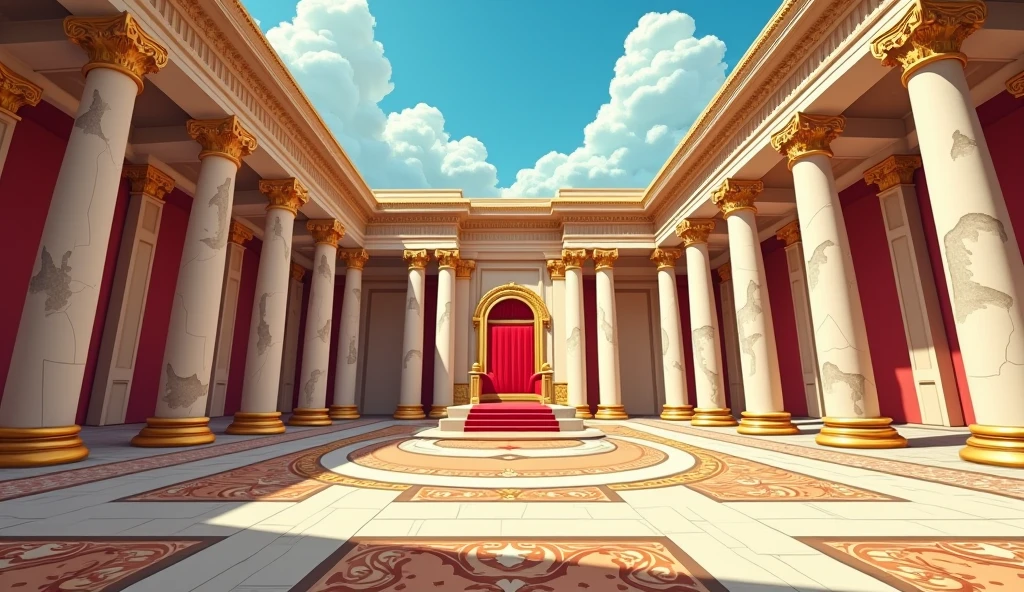 "inside the King's Palace in the ancient Greek city of Syracuse. A spacious room with marble columns,  and mosaic floors. At the center is Caesar's throne,  cartoon image style, with bright colors, expressive contours and smooth lines, in the sky as in an applied 2D cartoon."
