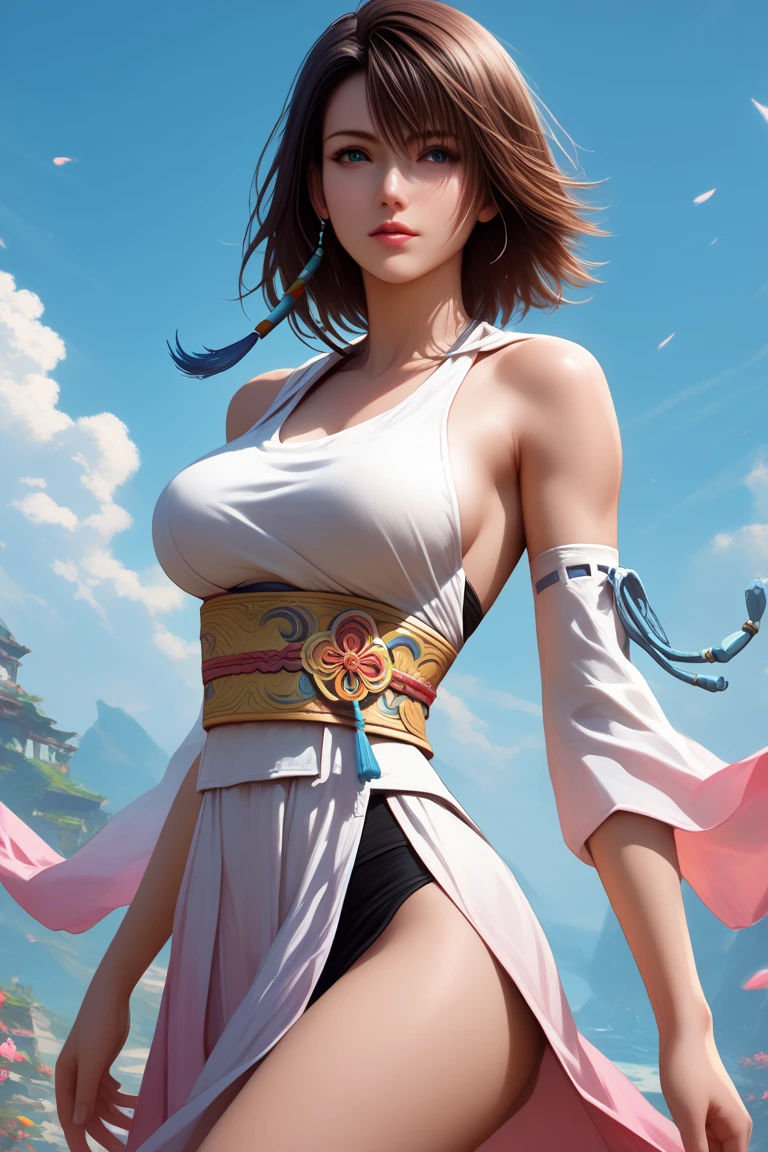 4k,1、topless, High resolution, super detailed), 1 female, 28 years old, Final Fantasy Yuna x2, More mature, ((simple background)), Plain dark background, ((There is nothing in the background)), surreal, Yuna's Final Fantasy costume, Yuna's original costume design from Final Fantasy X2, (((nsfw://www.Creative Uncut.。.。.and/Gallery-01/ff10-2-Yuna 2...html))), Denim shorts exposed to tatters, Features of asymmetrical clothing, belt on left hip, Optimal clothing simulation, not a necklace, 1 female, Windy nights, Yuna's Bob Hairstyles, Big breasts, cleavage, middle_chest, thick body, smile, lack of droopy sleeves,, close up shot, shot from the front, zoomed in shot, Access HIPS image scope, smile with closed mouth, from head to waist, Characters looking at the camera, I'm watching you, Yuna FFX, blue bead earrings