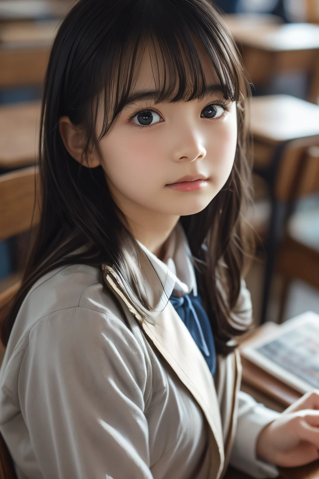 Imagine a charming illustration in the style of Loundraw, Depicts a beautiful schoolgirl. She is wearing a classic school uniform, With a fitted skirt and a perfectly lined shirt. Her long black hair, With soft bangs, Falling gracefully over her shoulders. The girl is depicted in a school setting, A calm and serene environment, Illuminated with soft, neutral light. Scenery details, School desks and chairs etc, Blackboard and books, Carefully expressed to create an authentic atmosphere. The girl's facial expression is calm and focused, Reveals her determination in her studies. The illustration conveys a sense of serenity and concentration, Capturing the subtle beauty of a school routine in a delicate and emotive artistic composition. face focus