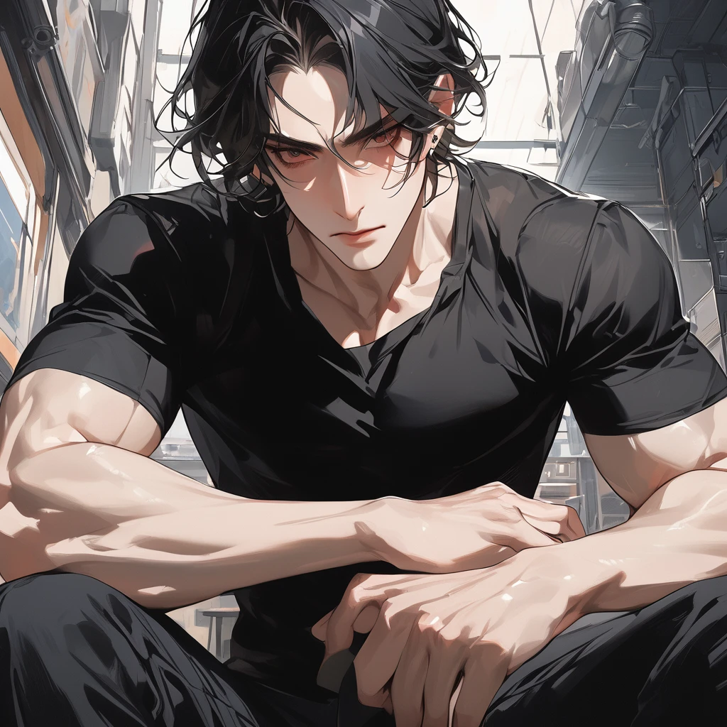 (absurdres, highres, ultra detailed), 1 male, handsome, tall muscular guy, very short hair, best ratio four finger and one thumb, best light and shadow, background is back alley, detasiled sunlight, sitting, Little cats are gathered next to him, dappled sunlight, day, depth of field, plants, summer, (dutch angle), closed mouth