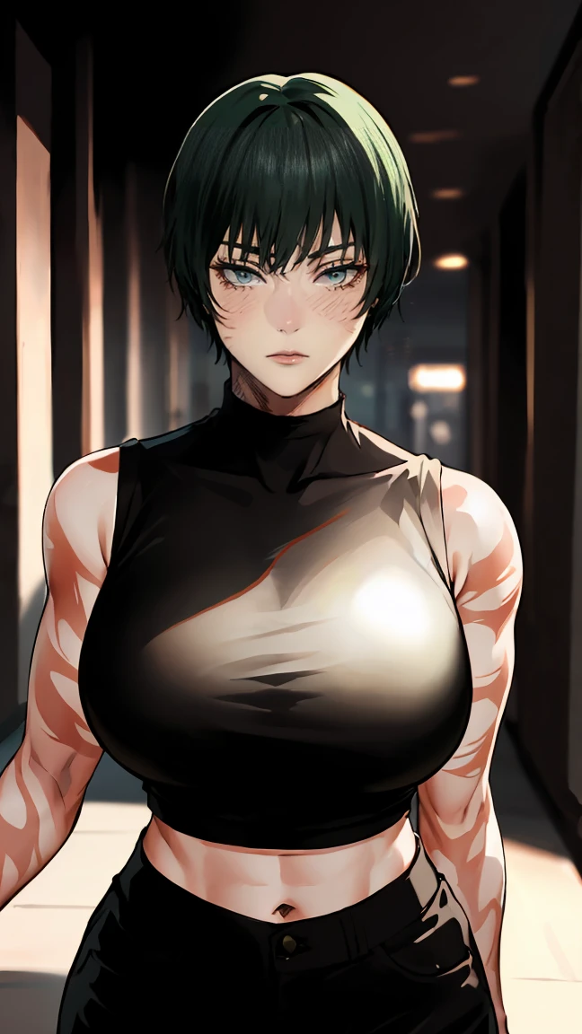 (masterpiece:1.2, best quality:1.2, beautiful, high quality, highres:1.1), detailed, short hair, short fluffy hair, short green hair, extremely detailed 4K, perfect eyes, perfect face, scars on body, scars on face, dangerous, exotica, scar on face, scar on cheeks, visible scars on cheeks, bandage on eye, scar on eye, Maki Zenin, scar on body, very short hair, circle glasses, Maki Zenin LoRA, black shirt, scar on eye, scars, sleeveless, crop top, beautiful face, perfect lighting, (1girl, solo, adult female, mature female), thin, lithe body, Maki Zenin, green hair, glasses, (big breasts), ((sensual seductive))
