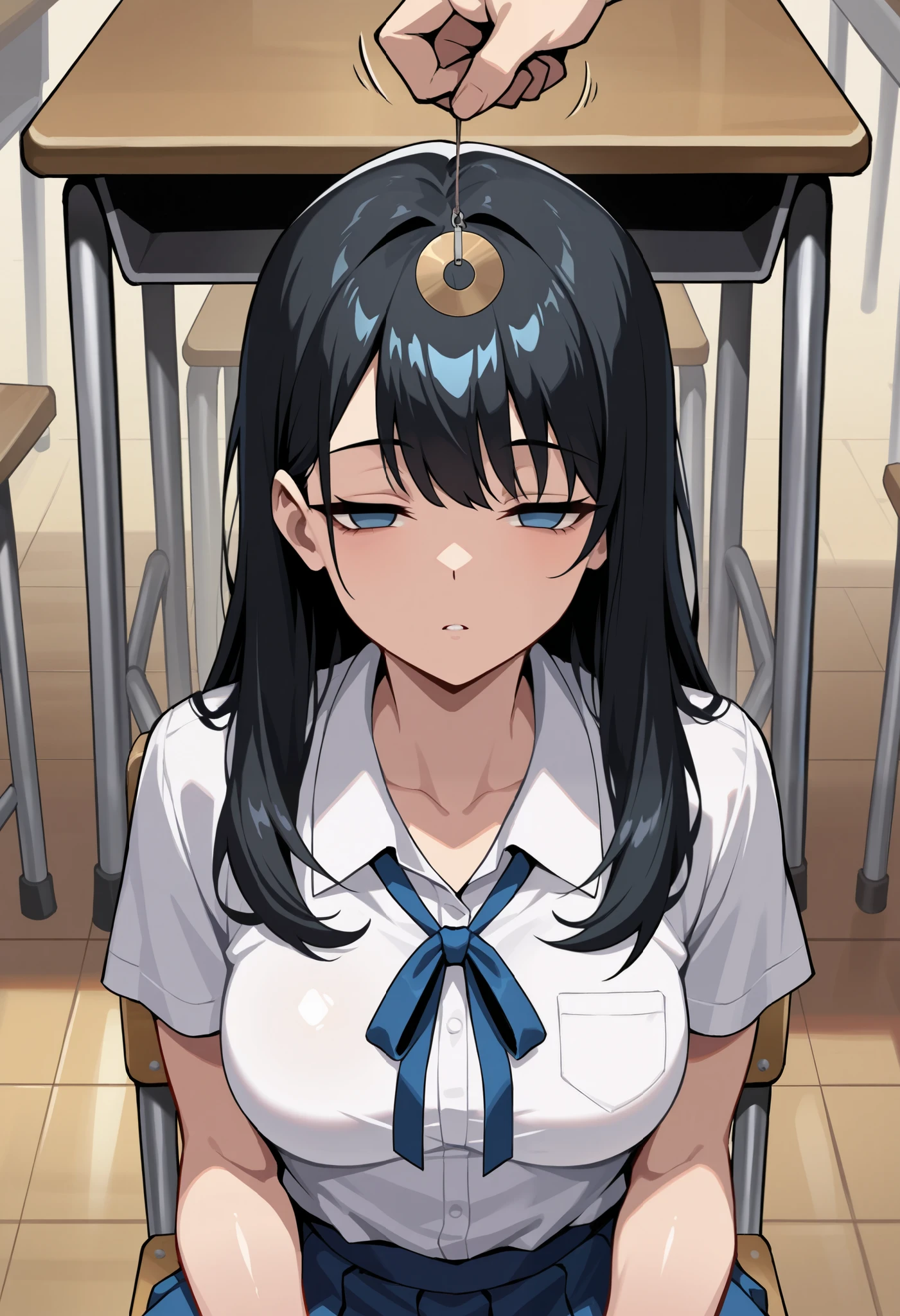 (masterpiece, ultra high definition, 16k, RAW photo, intricate), sharp focus, crisp details, 1girl , black hair, long hair, (Neat hair), shiny hair, blue eyes, medium breasts, school uniform, white shirt, blue neck ribbon, blue skirt, ( Classroom at a School with No One), school chair, sitting chair, Pendulum before her face, Swinging pendulum, Another person's hand holds a pendulum, ( the girl sees the viewer :1), no pupils, Half Closed Eyes, Sleepy eyes, facing viewer, straight-on, (upper body), blur the background, simple background, motion line