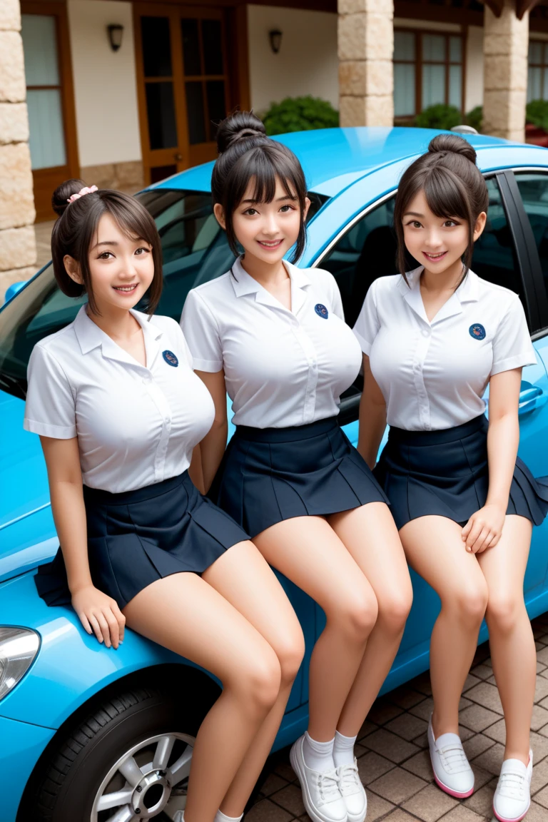 best quality, ultra high resolution, perfect anatomy, 3girls,  schoolgirls, 17 year old, on a car backseat, spread legs, (white panties), (smile, laugh, playful, talking), best shadows, volumetric lighting