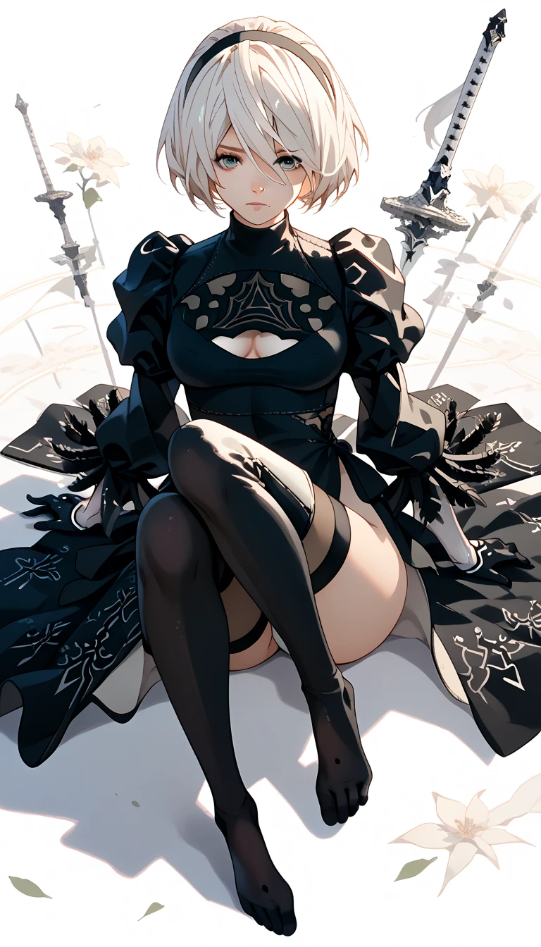 absurd res, high res, (masterpiece:1.4), ultra-detailed, 2girls siblings , from above, space, floating, Chinese dress, black dress, stockings, black hair, golden eyes, focus on face, kneeling, full body, opposite colour of clothes