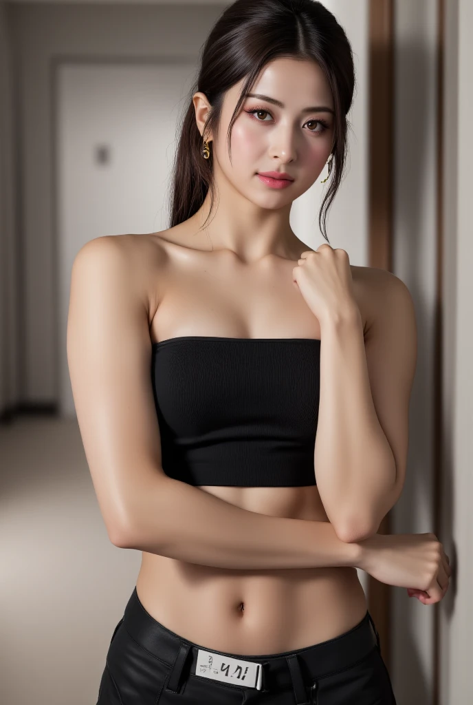 Asian girl, Panties in the same color as her shirt, black crop top, strapless