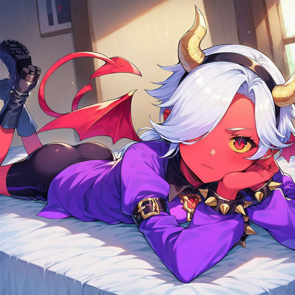 [lucifer_(helltaker)], [uploaded to e621.net; (napalm_express)], [uploaded to twitter.com; (vanripperart)], ((High definition)), ((detailed shading)), ((beautiful solo portrait)), ((full body)), ((beautiful 2d art)), ((anime girl)), {(attractive); (long white hair), cute red eyes, (white curly horns on head), (smile), (beautiful legs)}, {(black pajama shirt), white panties, barefoot}, {(sitting on bed), on knees}, [background; (bedroom); (window), (sunset)]