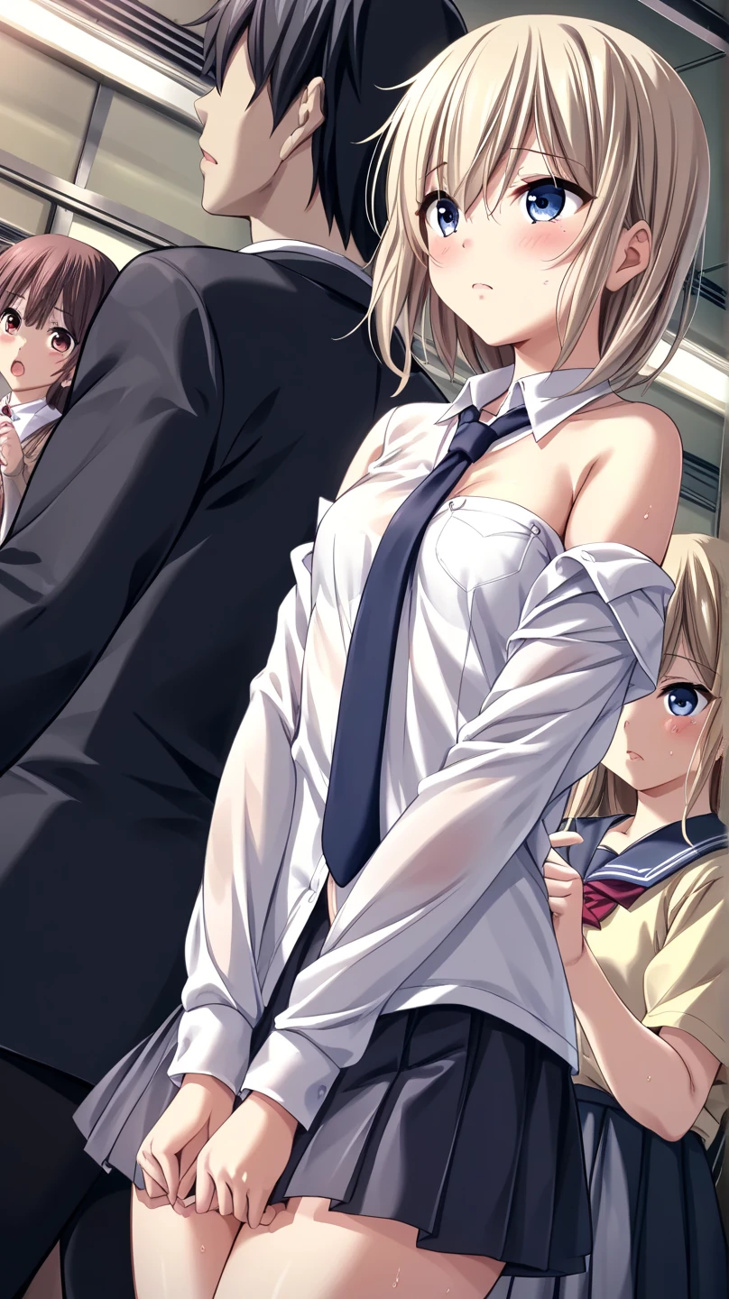 Highest quality,Highest quality,One girl,Multiple Boys,(((()))), surrounded by boys,Flat Chest,orgasm,blush, Sweat, Sakurai Momoka,Blonde,White Sarah Outfit,Navy Blue Skirt, Not a long pleated skirt,whole body,Night Classroom, Grey pantyhose、Flipping up a navy blue skirt、Spread your legs,Blowjob