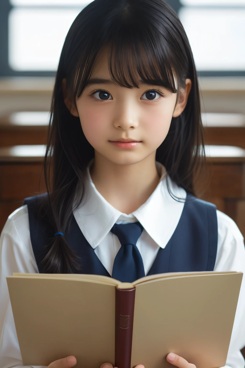 Imagine a charming illustration in the style of Loundraw, Depicts a beautiful schoolgirl. She is wearing a classic school uniform, With a fitted skirt and a perfectly lined shirt. Her long black hair, With soft bangs, Falling gracefully over her shoulders. The girl is depicted in a school setting, A calm and serene environment, Illuminated with soft, neutral light. Scenery details, School desks and chairs etc, Blackboard and books, Carefully expressed to create an authentic atmosphere. The girl's facial expression is calm and focused, Reveals her determination in her studies. The illustration conveys a sense of serenity and concentration, Capturing the subtle beauty of a school routine in a delicate and emotive artistic composition. face focus