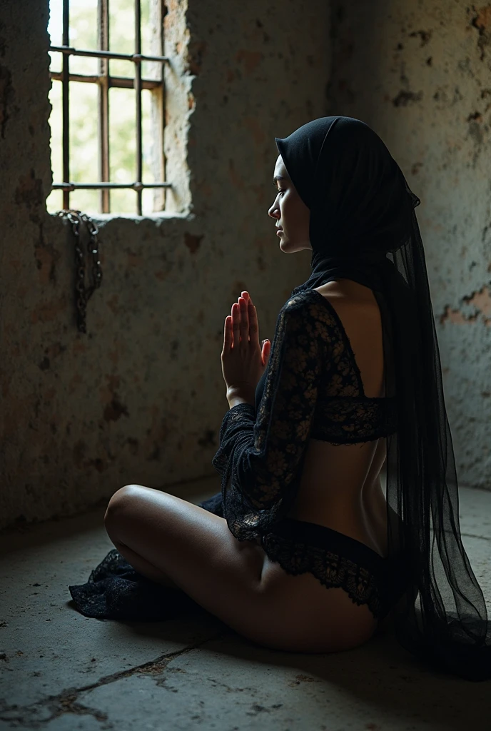 Commencez par une prison sombre baignée d’une mystérieuse lumière noire, create a feeling of confinement and secrecy. The prison should have intricate details like iron bars and chains, suggesting the&#39;emprisonnement ou la contrainte, PAUSE In the center of this room, Depict a (((beau))) Dark-skinned androgen with long curly black hair, blindfolded with black cloth. Elle devrait être dans une pose de prière, offering his prayers with an expression of serene solemnity. Her beau unique features, comme une peau d&#39;alabaster and possibly noticeable white hair, should stand out from the dark decor, BREAK Inclure des détails comme la lueur d&#39;une bougie vacillante au premier plan, casting a warm glow and creating shadows that dance across the girl and the room. La lueur des bougies doit constituer la principale source d’éclairage, ajoutant à l&#39;atmosphère mystique et sombre, BREAK Appliquer un effet de mise au point superficielle à l&#39;image, où la fille et les éléments les plus proches comme la lueur des bougies et certaines chaînes sont parfaitement nets, tandis que l&#39;background, comprenant des parties de la pièce et quelques barres de fer, flou doucement dans la lumière violette, PAUSE Veiller à ce que l&#39;atmosphère générale de l&#39;image soit empreinte de solennité et de mystère., with the sacred presence of androgens and&#39;ambiance étrange de la pièce, synergistically creating a powerful visual narrative.