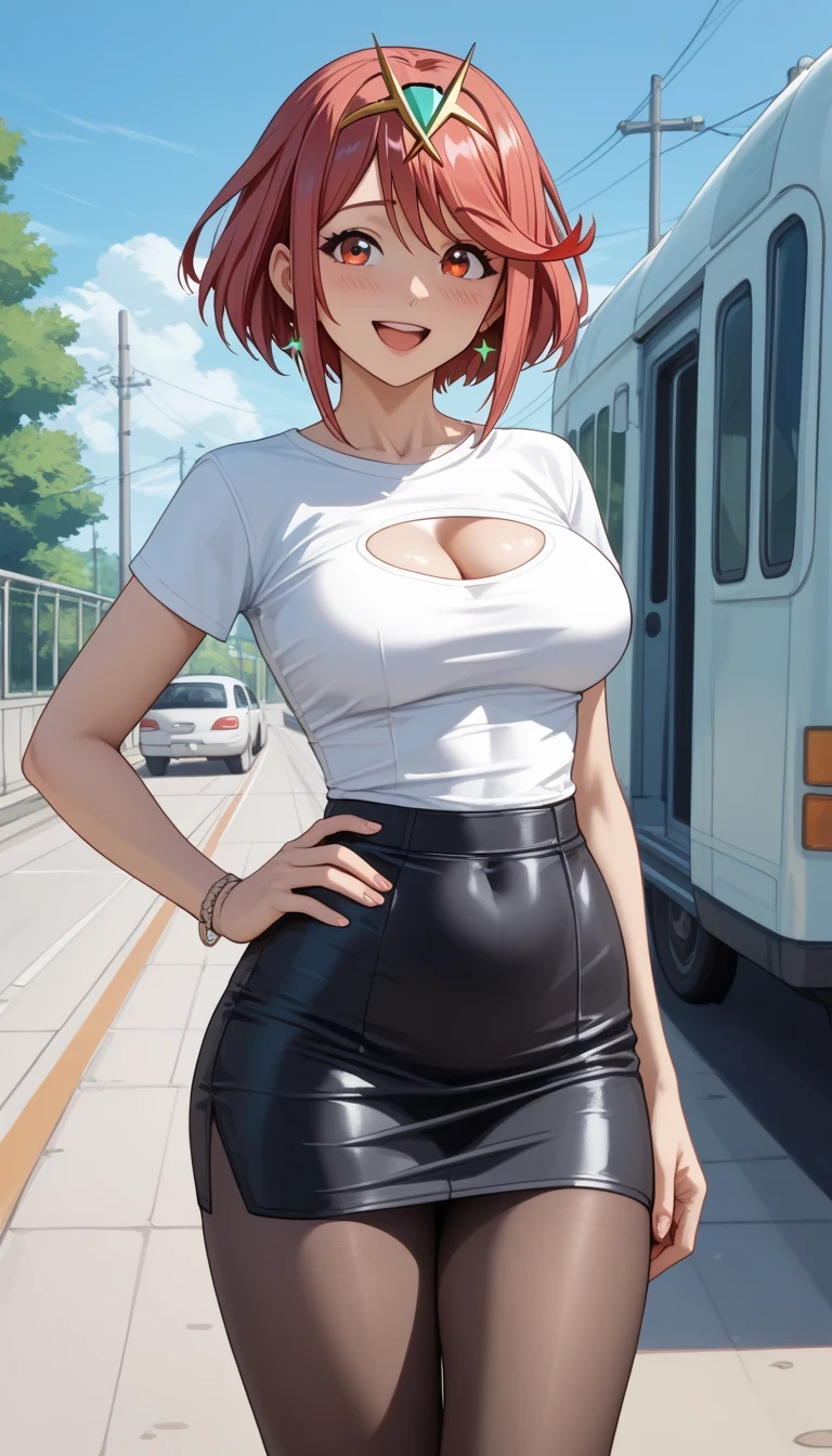 Highest quality, Ultra-high resolution, Beautiful woman, Redhead, Green Eyes, Short and thin body, Wearing a white shirt and shorts, ((Embarrassed look)), Strawberry field
