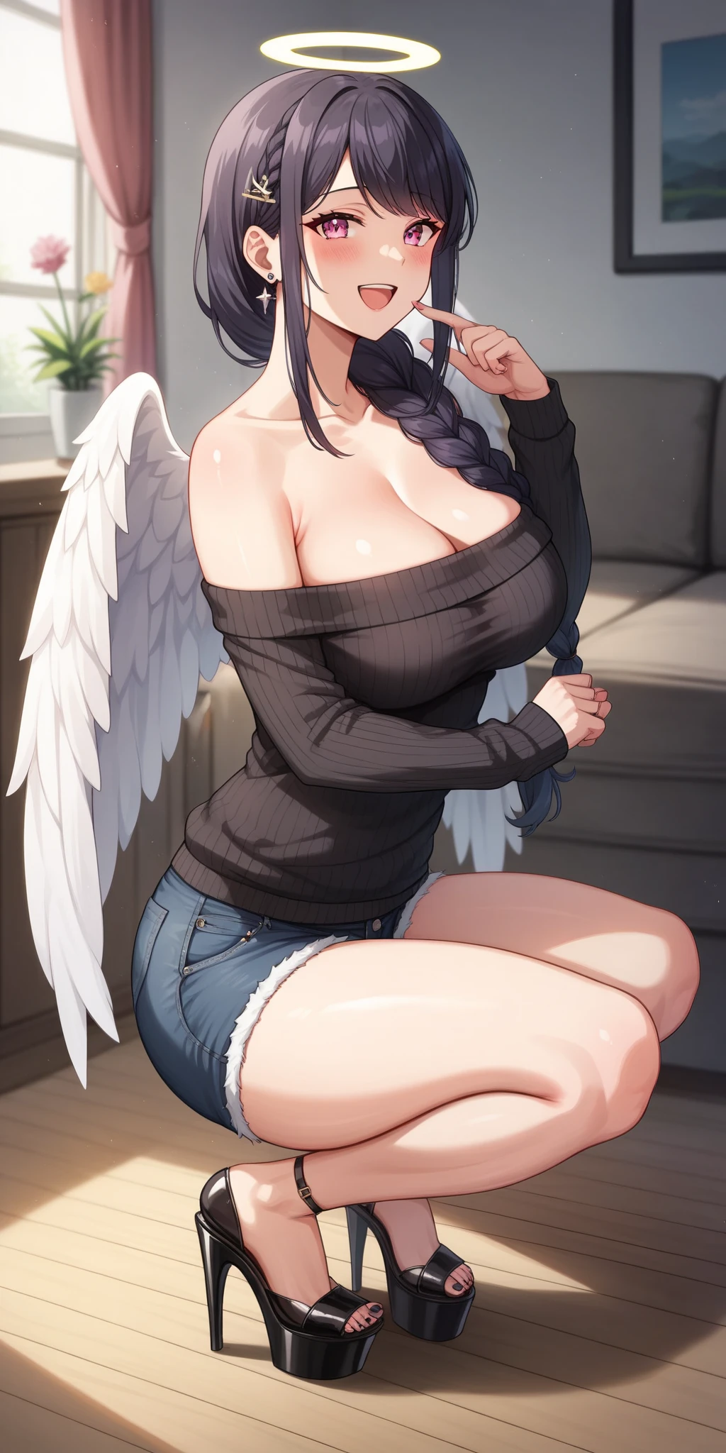 ((black hair)), purple eyes, short hair up to half, huge bust, ((full lips)), ((masterpiece)), ((detailed)), ((Topless)), ((black denim shorts)), ((Best Quality)), ((garden)), huge naked breasts, ((bright)), (pretty eyes), looking away, huge tits, resting a finger on his open mouth, gothic makeup, net stockings, leather long boots, gothic female