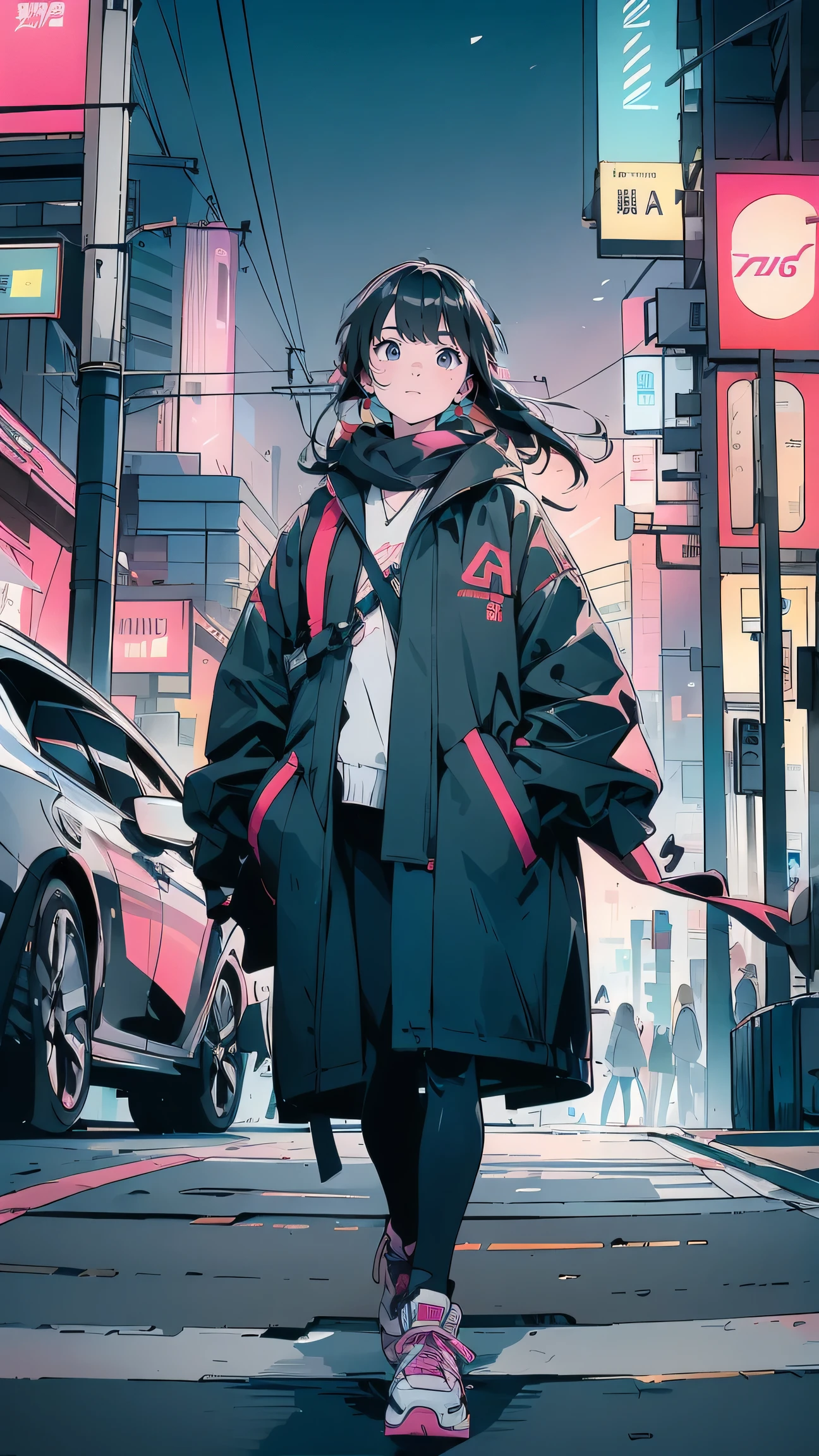 A stylish young girl walking through Shibuya crossing in Tokyo, wearing wireless headphones and a long coat, surrounded by people and bright city lights, modern fashion, city vibes --v 5 --ar 16:9 --style futuristic