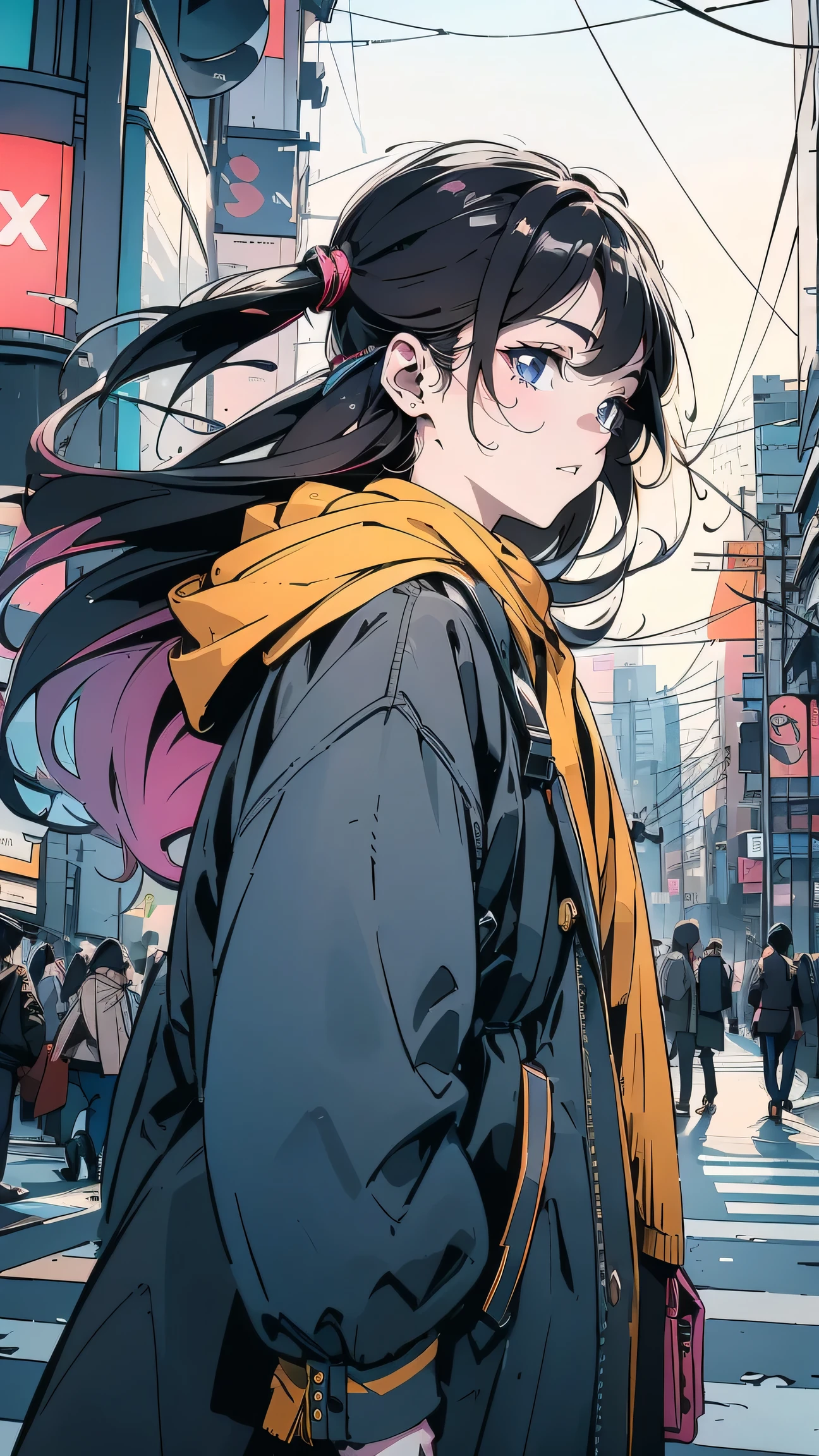 A stylish young girl walking through Shibuya crossing in Tokyo, wearing wireless headphones and a long coat, surrounded by people and bright city lights, modern fashion, city vibes --v 5 --ar 16:9 --style futuristic