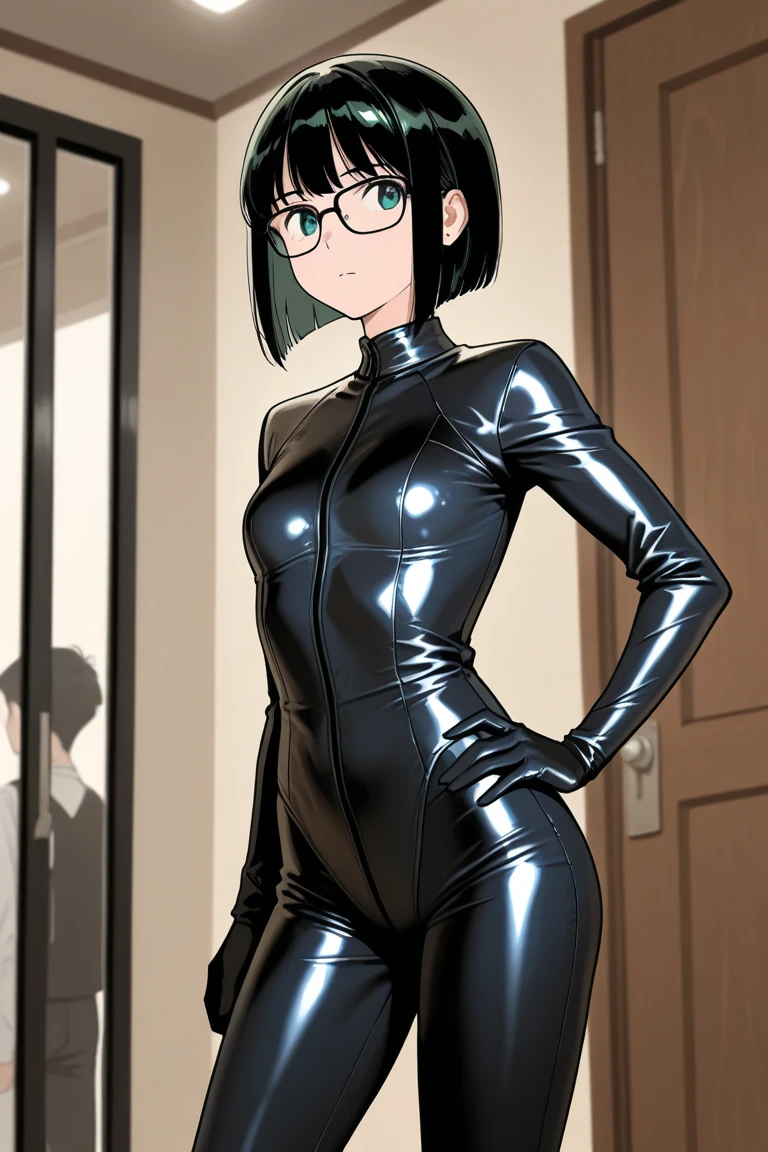 ((1girl, solo)), light skin, red eyes, black hair, bob cut, blunt bangs, short hair, ((black lipstick, black eyeshadow)), ((long sleeve leotard, highleg leotard, black leotard, cameltoe, bare legs, black boots)), serious face, hands on hips, standing, full body, anime screencap