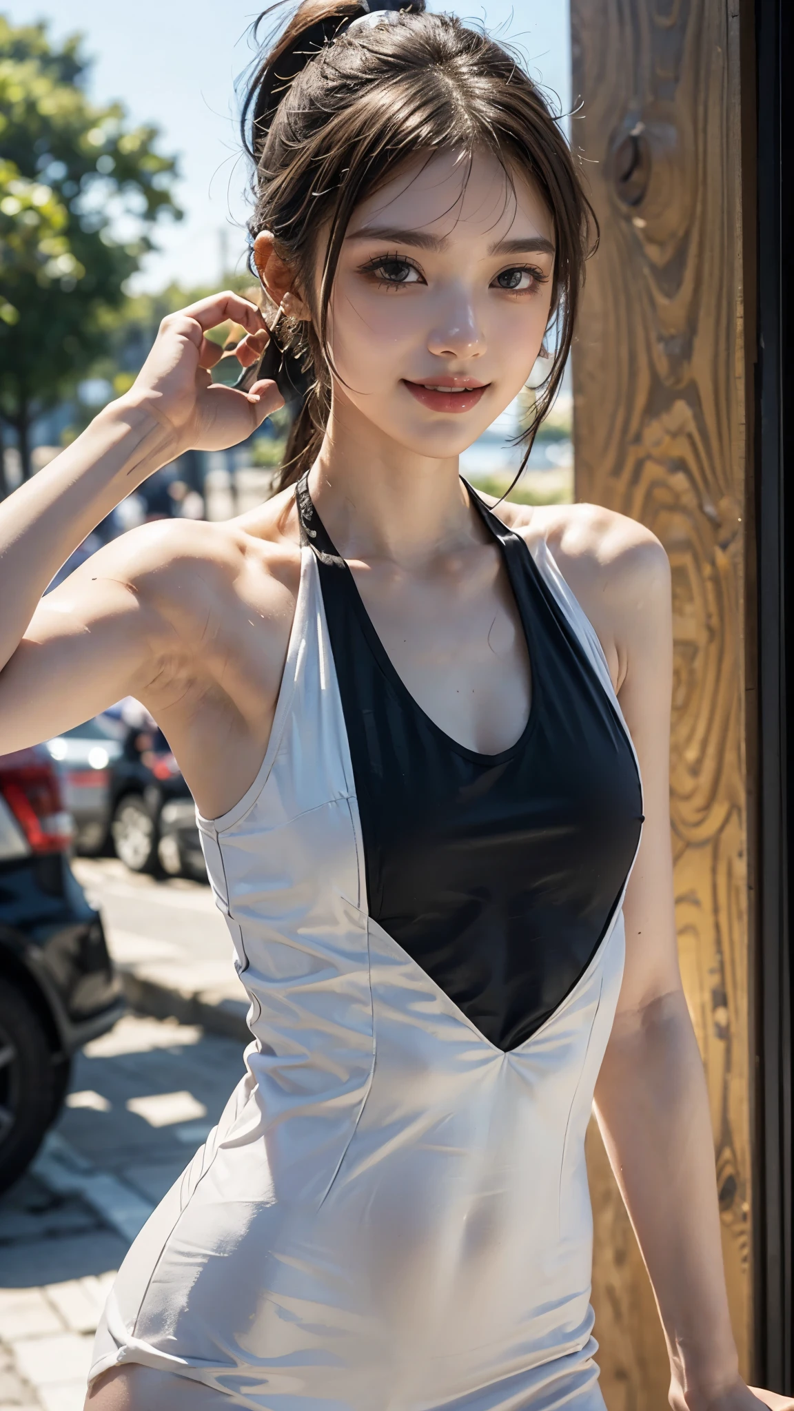 ((Wear a short apron naked、Apron in small size、The lower part of the chest is always visible、Stomach and navel visible、Raise your hand to show your armpits、Show underarms、Ultra-realistic armpits、Armpit、Navel、Detailed armpit wrinkles、Stand up straight、realistic navel、The length of the apron is a short apron with a waist length、Detailed armpit pores、Realistic armpit skin、Black armpit skin、Detailed and realistic armpits、armpit pose、The front door is open、gazing at viewer、smil、Full body armpits standing facing the viewer、Show both armpits、Naked in a waist short apron、Stand straight facing the front、Show armpits、Stand at the front door of the house、Watched over by a pizza delivery man、Stand in front of the delivery man at the front door of your house)), (illustratio), (hight resolution), (8K), (ighly detailed), (The best illustrations), (armpit pose、Raise your hands in a bare apron to show your armpits、beatiful detailed eyes), (top-quality), (ultra-detailliert), (masterpiece), (wall-paper), (详细的脸、red lipsticks), (A smile、((40 years,red lipsticks,femele,Show realistic armpits))、Brown hair,high-ponytail Hairstyle,((Wear only an apron、Show the navel、Show armpits)), japanes,(Slim body、Small)