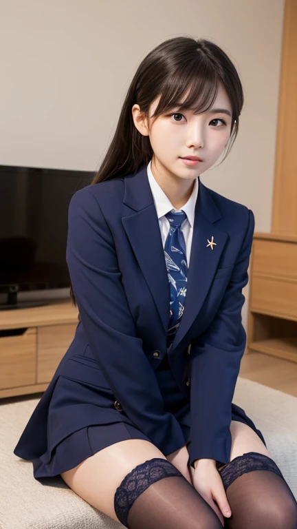 high school girl、uniform 、Navy jacket、Checkered pleated skirt、White shirt、Bedroom、lying on one's back on the bed、Sexy pose、Perfect proportions、cute、((18-year-old female:1.2))、Young and adorable Japanese face,Big Breasts, valley, Official Art,Highly detailed CG Unity 8K wallpaper,(masterpiece:1.0),(Highest quality:1.0), High resolution,4K,Very detailed, photo shoot, 8K, nsfw, High resolution, Kodak Portrait 400, Film Grain, Lens flare brilliance, Professional Lighting,Cinematic Light, View your viewers