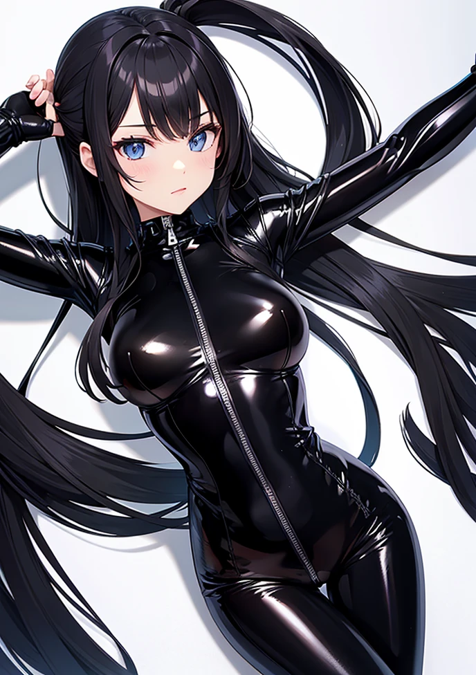 highres, ultra detailed, (masterpiece:1.4), best quality, symmetrical body, a beautiful 18 years old woman in sexy black latex dress with gloves, cute, solo, long hair, black hair, goth, blue eye, glowing eye, glow effect, finely eye, detailed face, looking at viewer, dominant, POV, seductive, huge breasts, curvy, sun, rim light, outside, (sexy pose:1.4)