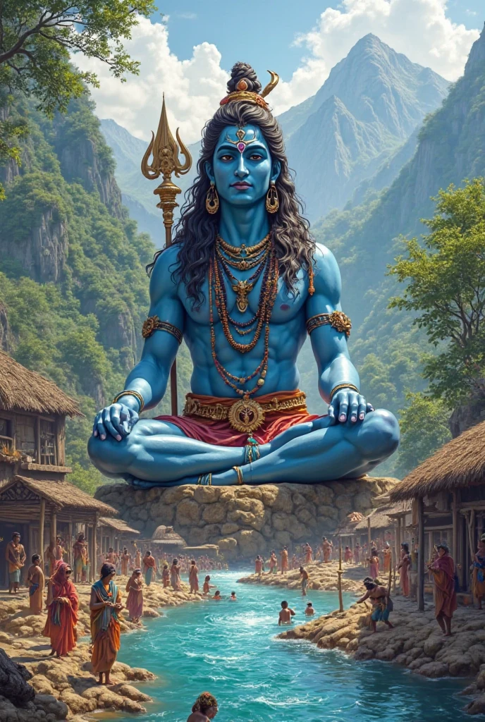 ((best quality)), ((masterpiece)), (detailed), lord shiva sitting at the top giving blessings upon the land, lush grass with flowing river beautiful, Realistic, life like , amazing , sun rise , with mountains and lush forest in the background, shiva is sitting cross legged. With Cresent on the head. Cobra sitting with shiva , add a trident in shivas hand upright on his left hand. On the right hand shivas blessings must be given with sun rays. Snow topped mountains, blue skin