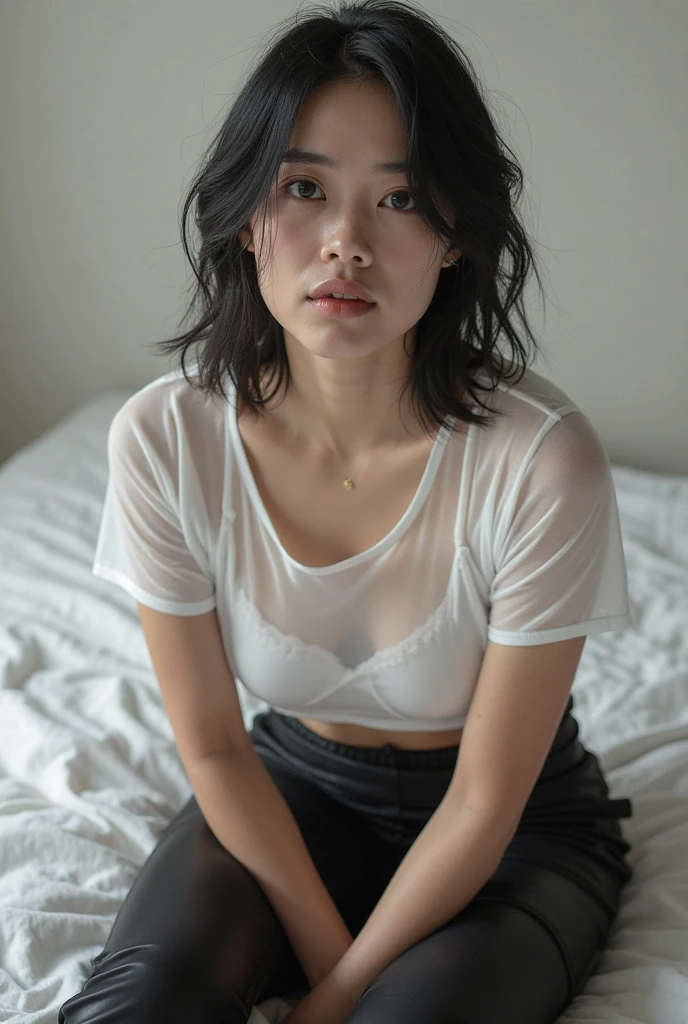 front view, skinny, medium shot, chinese woman, 35 years old, bob short hairstyle, black and white filter, , ultra detailed, sexy posin bed