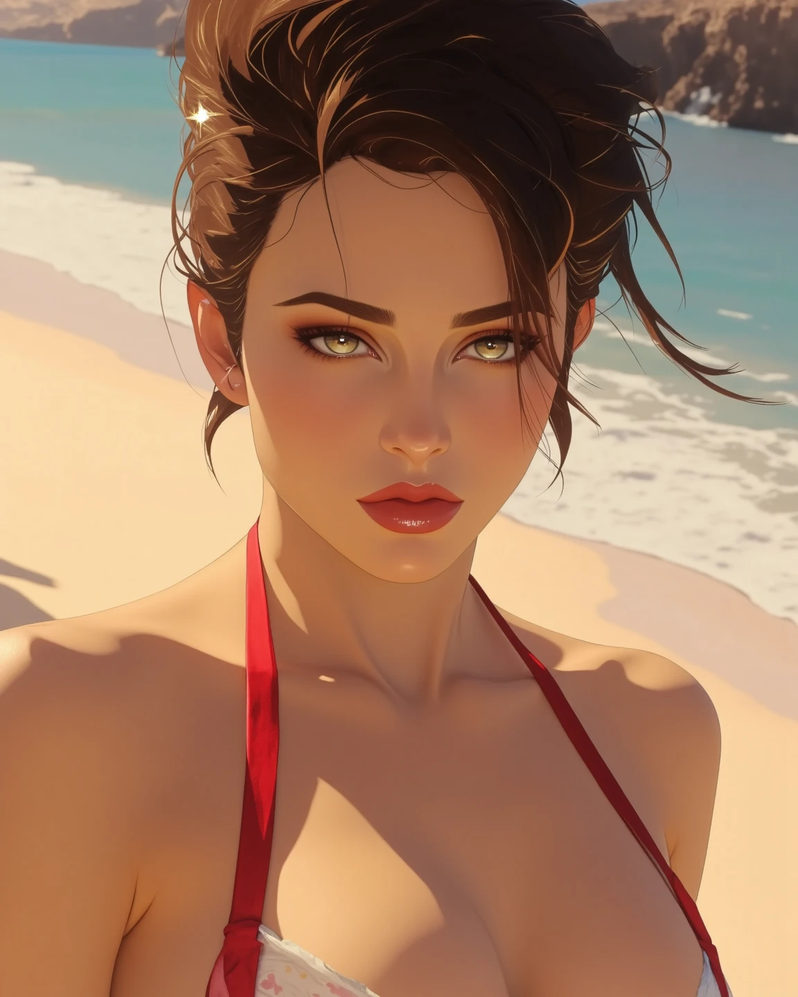 photo of mlp Meowko, RAW, beautiful woman, ((portrait)), ((detailed face:1.2)), ((anime face, anime facial feature, beautiful anime mouth, clear skin, clear skin), (short messy lesbian haircut, one shaved side, brunette: 1.55), (perfect proportioned body, Strong, muscular, narrow waist, narrow hips, skinny, large breasts), (wearing traditional Hawaiian clothing, leis), exotic flowers in the background, tropical paradise, lush greenery, white sandy beach, crystal clear water, gentle ocean breeze, warm golden sunlight, serene (realistic photo, best quality, detailed), (8k wallpaper), (cinematic lighting, beautiful light, (day:1.3)) (sharp focus, intricate)