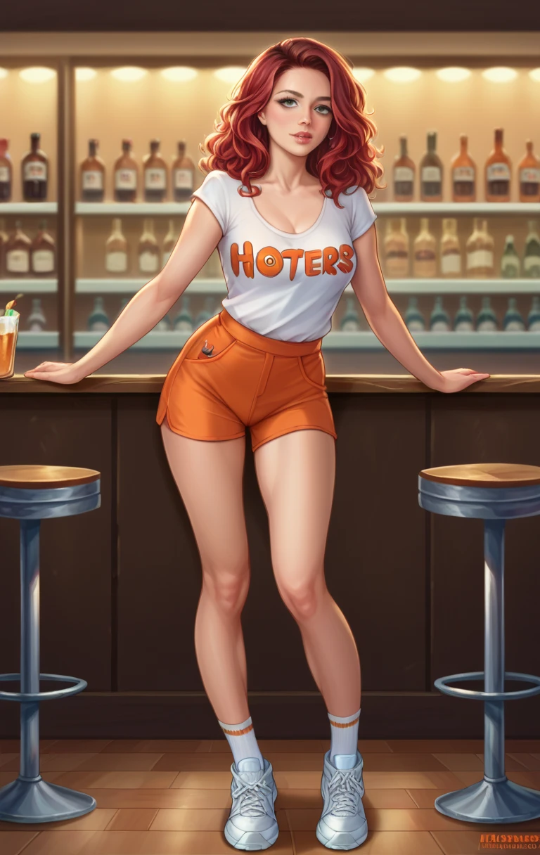 arafed woman in a red shirt and white panties posing on a bar, open shirt, gorgeous female, elegant sleek smooth body, redhead goddess, seductively looking in front