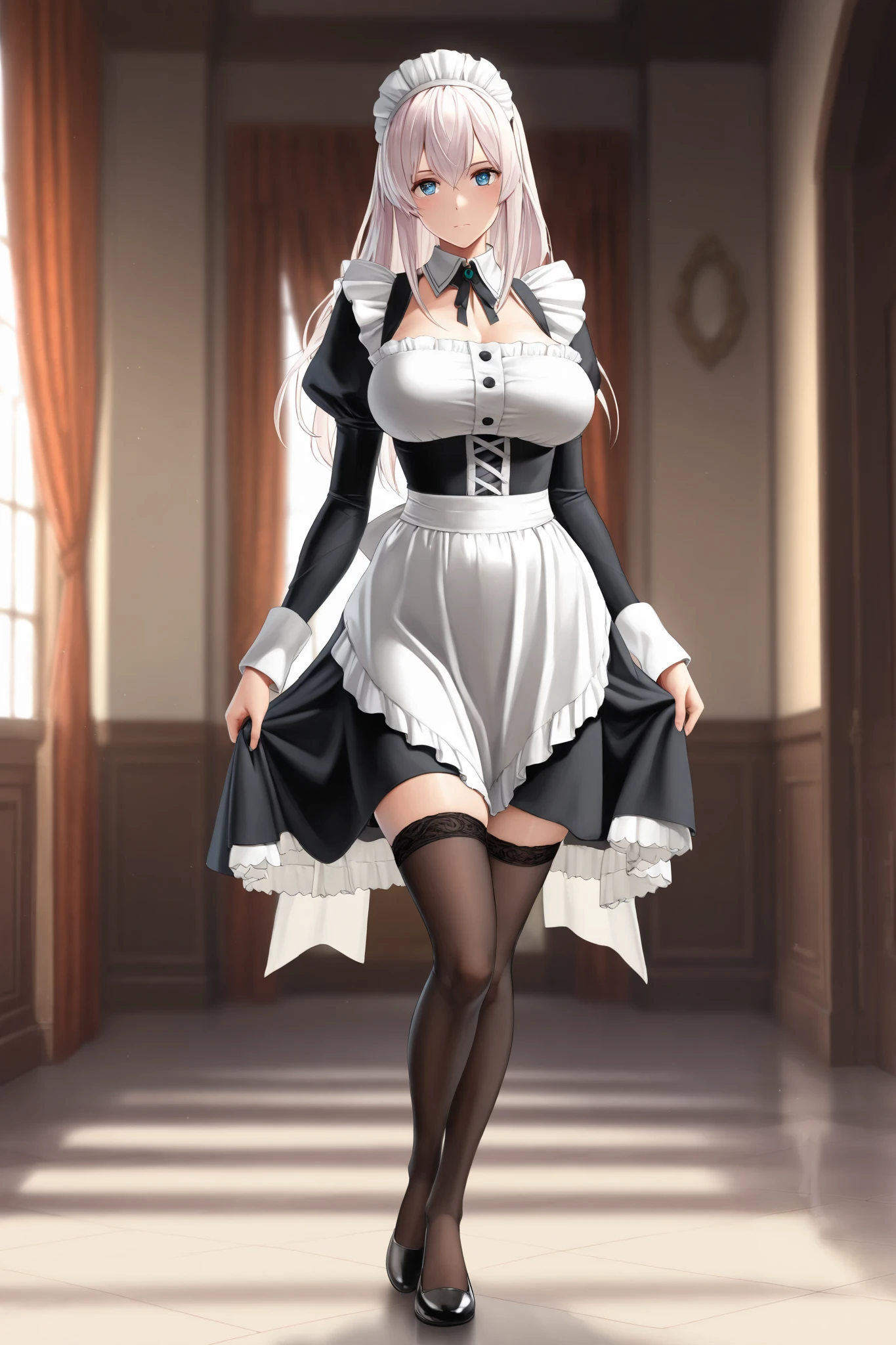 (mature female:1.4), masterpiece, best quality (maid, maid headdress, maid apron), standing, indoors, window, masterpiece, best quality, high quality, white SKIN elf, long hair, white hair, yellow eyes, full body, def_effie, blue breastplate, white skin, looking at viewer, shiny armor, thigh highs, high boots, shoulder armor, faulds, poleyn, gloves, gauntlets