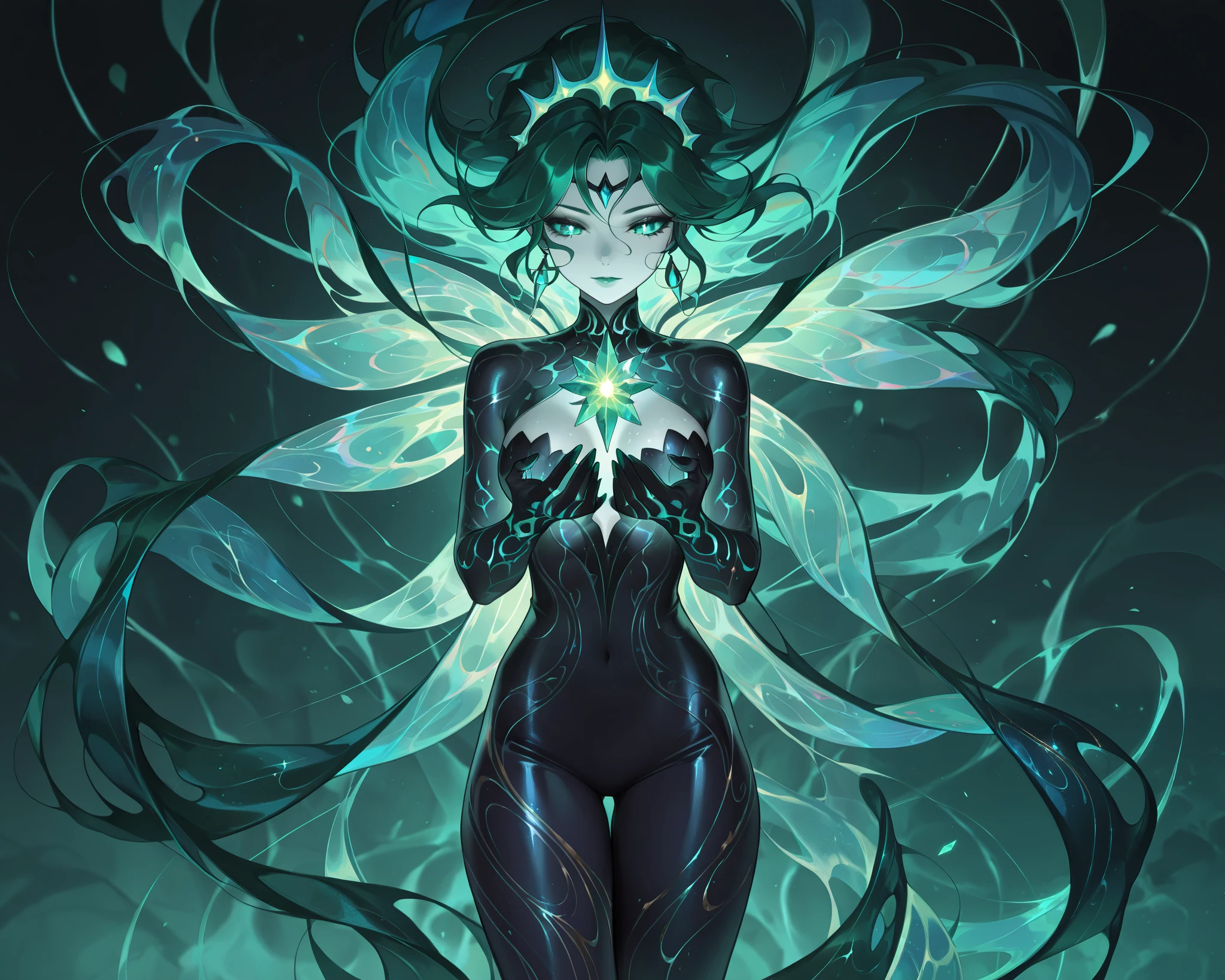 masterpiece, best quality, amazing quality, newest, very aesthetic, 1girl,A woman made of gems is a breathtaking vision, her body a mosaic of shimmering jewels. Her skin glows with the deep green of emeralds, the fiery red of rubies, and the cool blue of sapphires, each facet catching the light. Her hair flows like strands of opal, iridescent and ever-changing. Eyes like polished amethysts radiate wisdom and mystery. Her movements are graceful, the clink of crystal limbs echoing softly. She is both fragile and eternal, a living sculpture of nature's beauty. Her presence is mesmerizing, a symbol of wealth, resilience, and the Earth's hidden treasures, embodying both strength and delicate elegance.