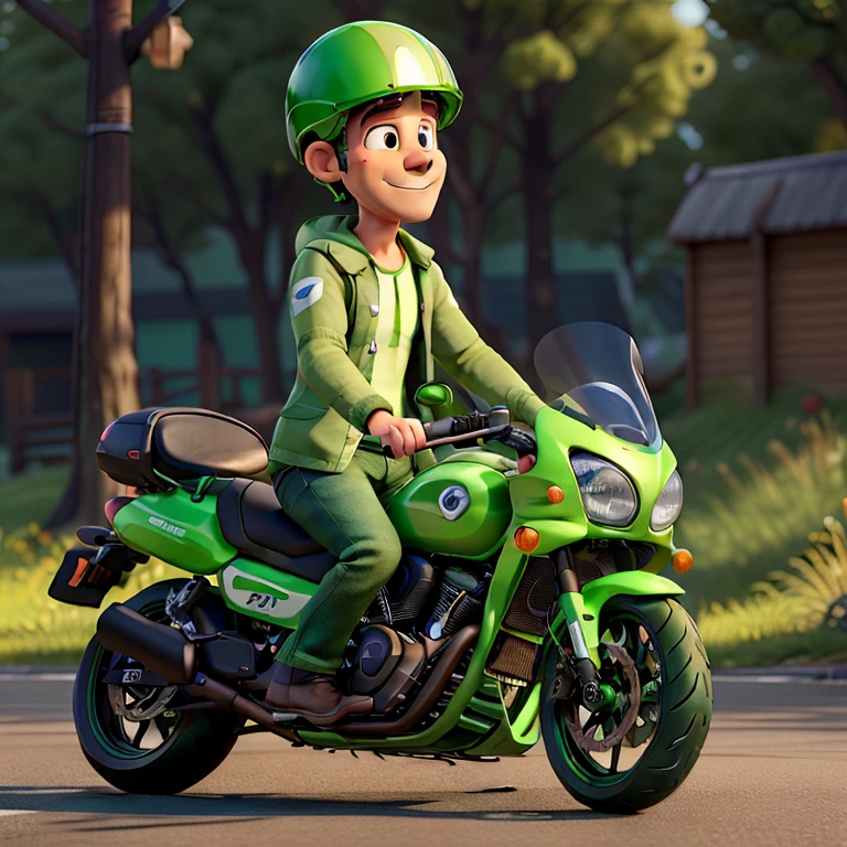 Tipo 3d pixar um menino loirinho de cabelo liso e olhos verdes de um ano de idade muito lindo, brincando com sua mini moto estilo choper