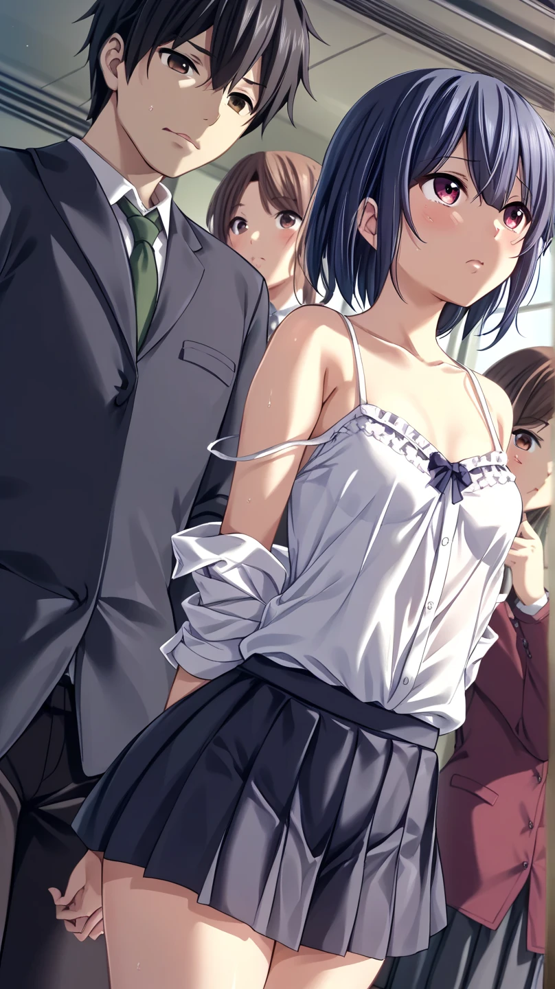 A naked middle-aged man is groping the breasts of a small-breasted girl with black bob hair, a pure girl with erect nipples and pale pubic hair, wearing a floral bra, floral panties and a checked skirt, who is crying on a train and feeling embarrassed and scared and resisting.、whole body
