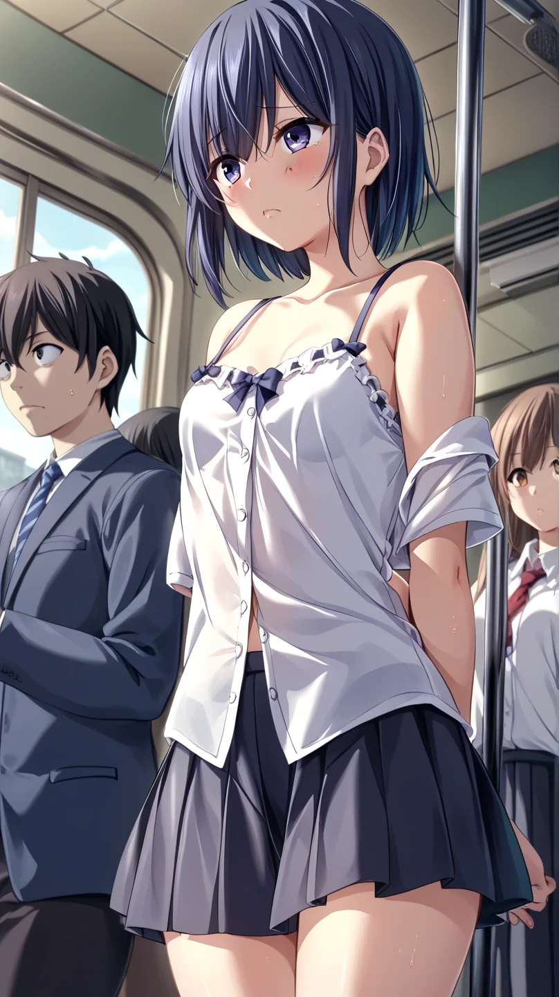 A naked middle-aged man is grabbing the bra of a crying, pure, topless girl with black bob hair, erect nipples, pale pubic hair, floral patterned bra, floral patterned panties and a checked skirt in a train, feeling embarrassed and scared and resisting.