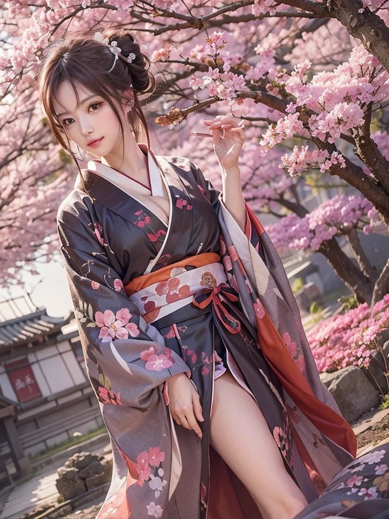 tmasterpiece，（（（（（Breast elevation，standing on your feet）））））（（（二重まぶた，Bright big eyes，Lying silkworm）））,（（（2048k resolution））），Straighten your waist，Dress neatly, Long legs,  ((huge tit)), （（（（Colorful Japanese kimono，Pink kimono，Golden kimono，A kimono full of sparkling diamonds：1.2））））, ((under a sakura tree))，Highly detailed skin texture，The small mouth opens slightly，Ray traching，White skin，（（Messy hair，Ultra-fine hair）），Beautiful tattoos，Pure and beautiful，Slim，The most beautiful woman in the world，dark red lips，Face lighting，realisticlying，Head flower，Hairpins，SakuraNS，the cherry trees，Premium yukata，Palace fan，folding fan，耳Nipple Ring，Clean skin，Japanese kimono bathrobe，Pink stockings，background is simple，red high heel pumps。