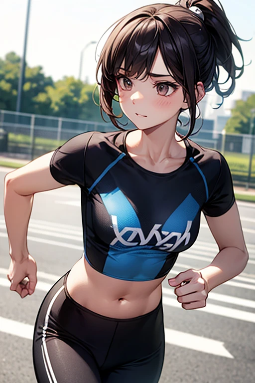 sakura bakushin o \(umamusme\), ((ultra-detailed face)), symmetrical face, beautiful face, (masterpiece), best quality, muscle, abs, horse tail, large tits, smile, athletics track, sports bra, hand between legs, stadium